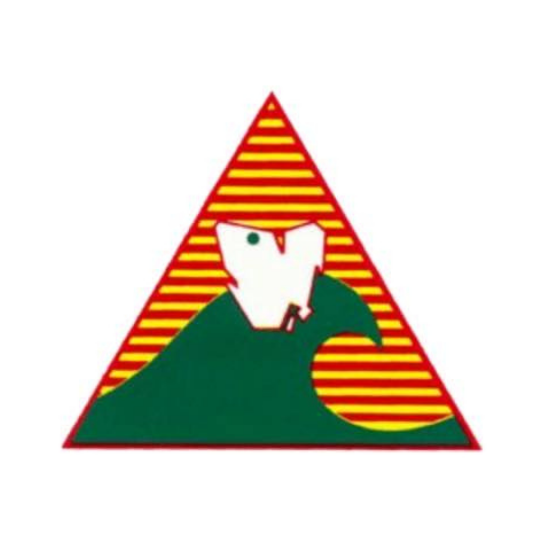 Triangular logo featuring a white bird with a green eye, a yellow beak, against a green wave, with red and yellow horizontal stripes in the background.