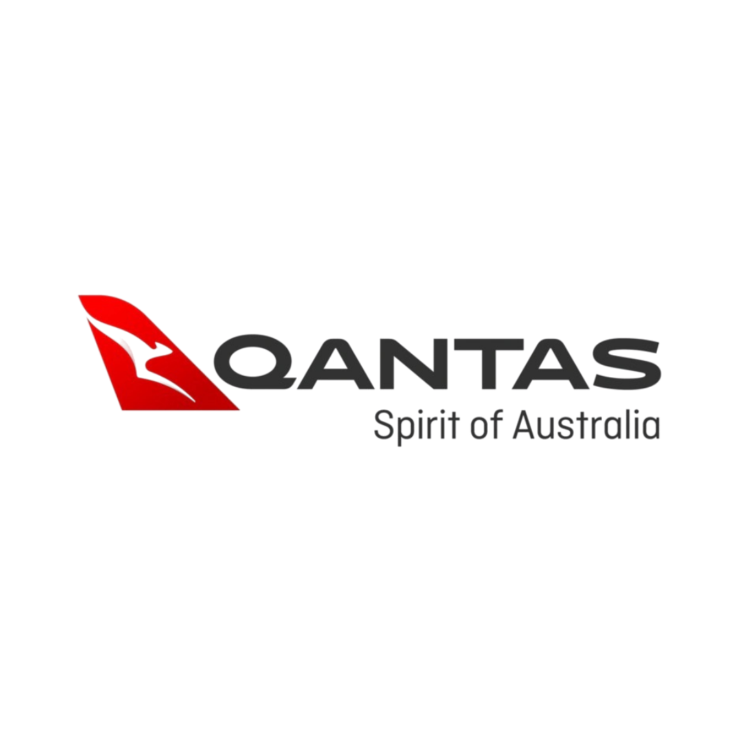 Qantas logo with a stylized red kangaroo emblem and the text 'Qantas Spirit of Australia' on a white background.