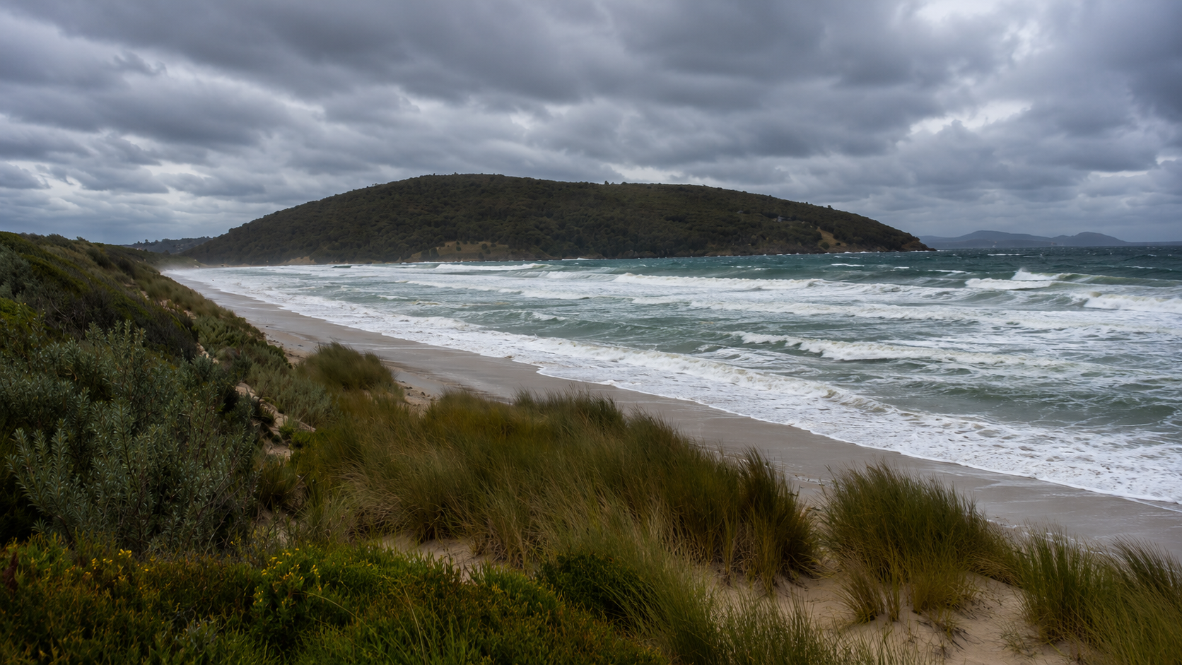 A beach scene with sandy shore, green vegetation, waves crashing, and a large hill covered in trees under a cloudy sky.