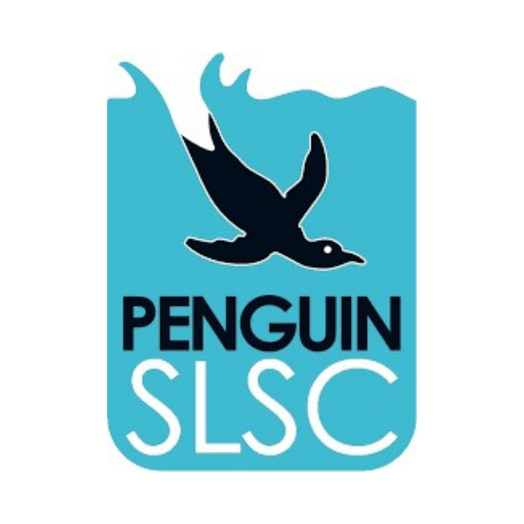 Logo for Penguin SLSC featuring a black penguin in flight against a blue background with the words 'Penguin SLSC'.