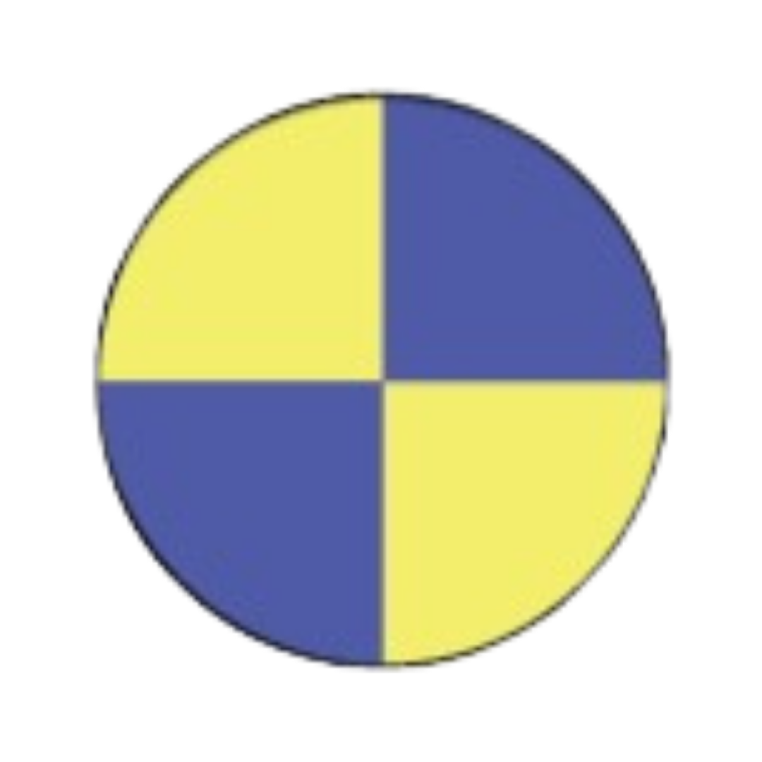 A logo divided into four quadrants, alternating between yellow and blue sections.