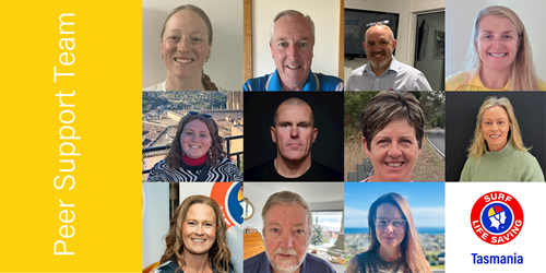 A collage of ten team member photos with a yellow banner on the left that reads 'Peer Support Team' and a Surf Life Saving Tasmania logo in the bottom right corner.