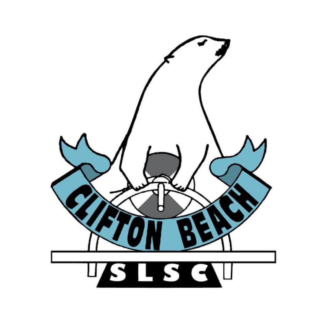 A logo of a polar bear holding a surfboard with a banner that reads 'Clifton Beach' and text 'SLSC' below.
