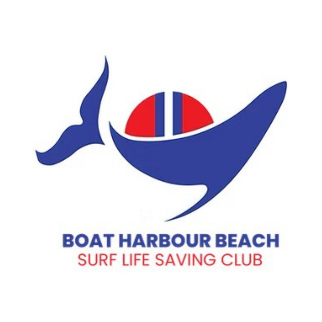 Logo of Boat Harbour Beach Surf Life Saving Club featuring a stylized blue whale, a red and white lifesaver, and a seagull with the text 'Boat Harbour Beach Surf Life Saving Club' underneath.