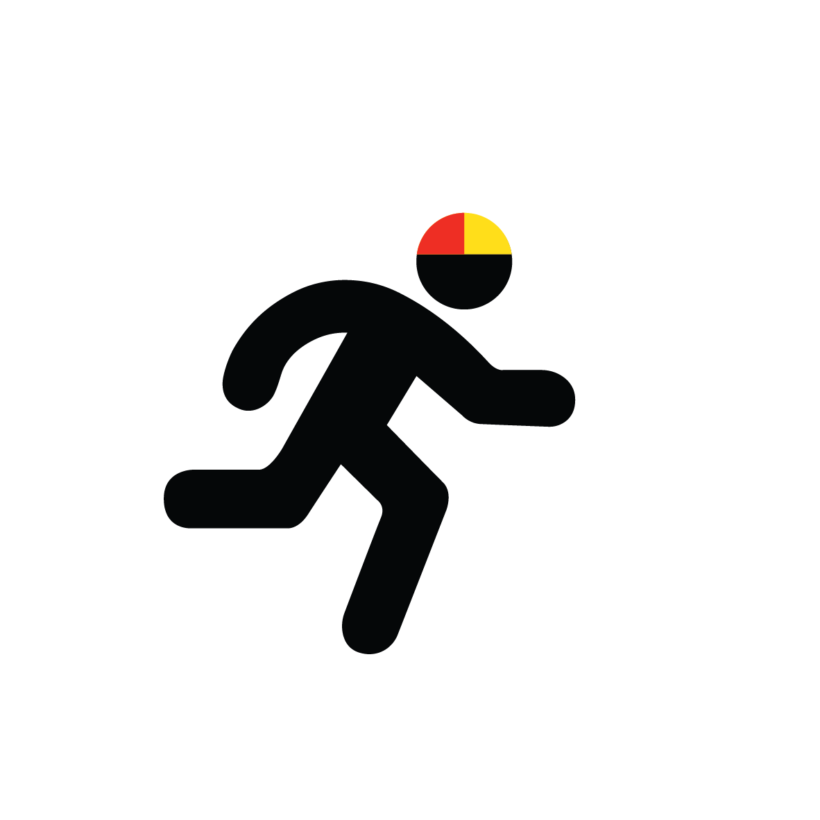 Black silhouette of a person running with a small circular activity indicator showing a red and yellow pie chart near the head.