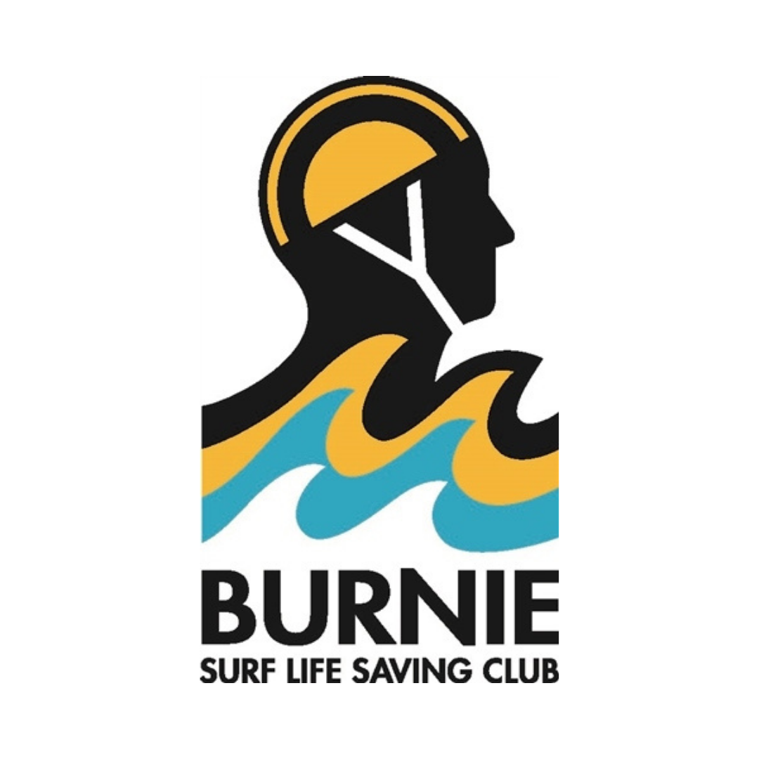 Logo for Burnie Surf Life Saving Club featuring a stylized human silhouette with a swimmer's cap, waves in blue and yellow, and the text "BURNIE SURF LIFE SAVING CLUB".
