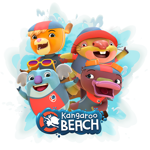 Animated characters from Kangaroo Beach, including a lion, a koala, a platypus, and a dog, all wearing beach gear and smiling, with the Kangaroo Beach logo at the bottom.