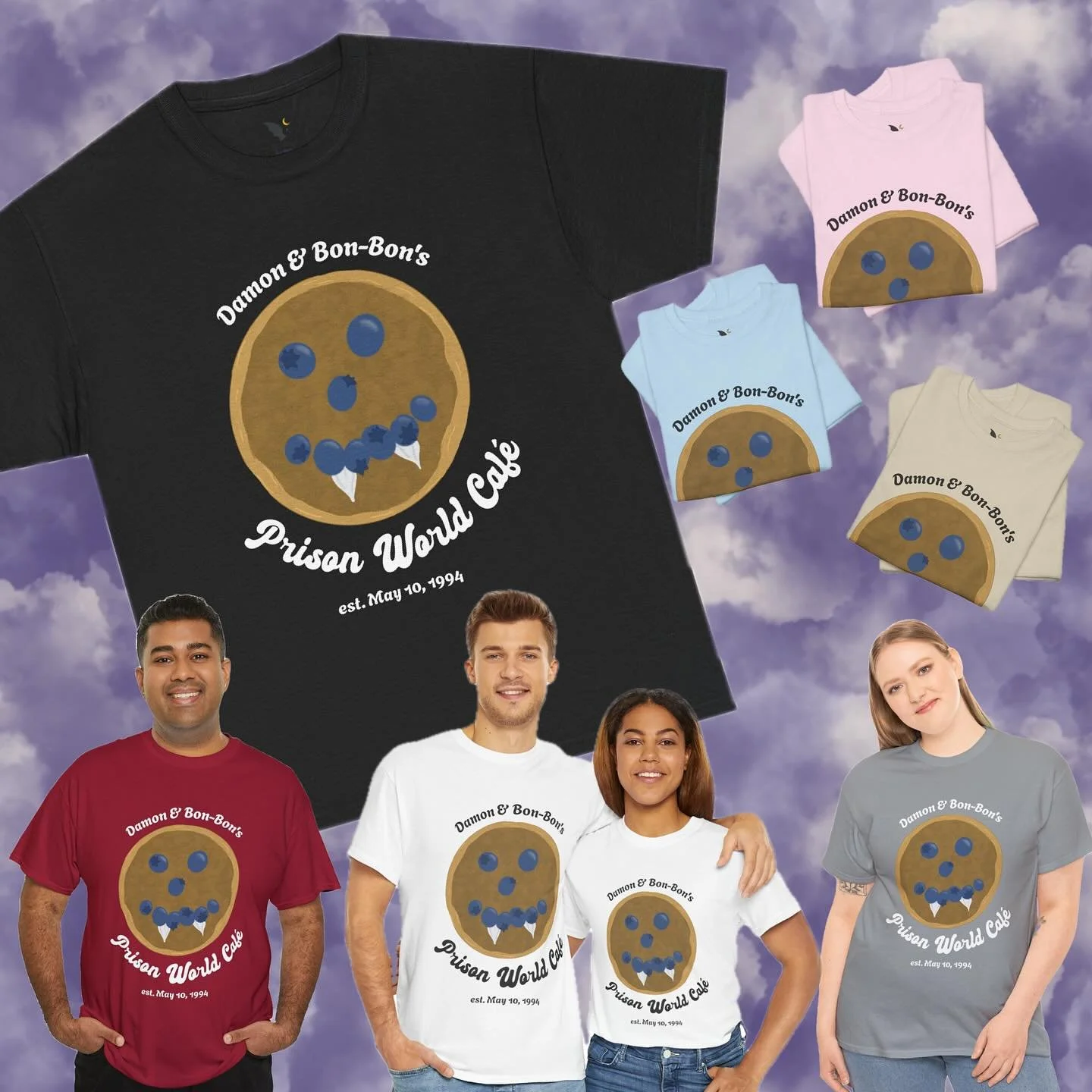Bonnie may hate them&hellip;
but we love them! 🥞🫐🩸
&bull;
my Damon pancake is available on multiple products so you can represent the Prison World Cafe however you want! and i take requests. ☺️
&bull;
🔗 LINK IN BIO to my Printify shop! 🛍️
&bull;