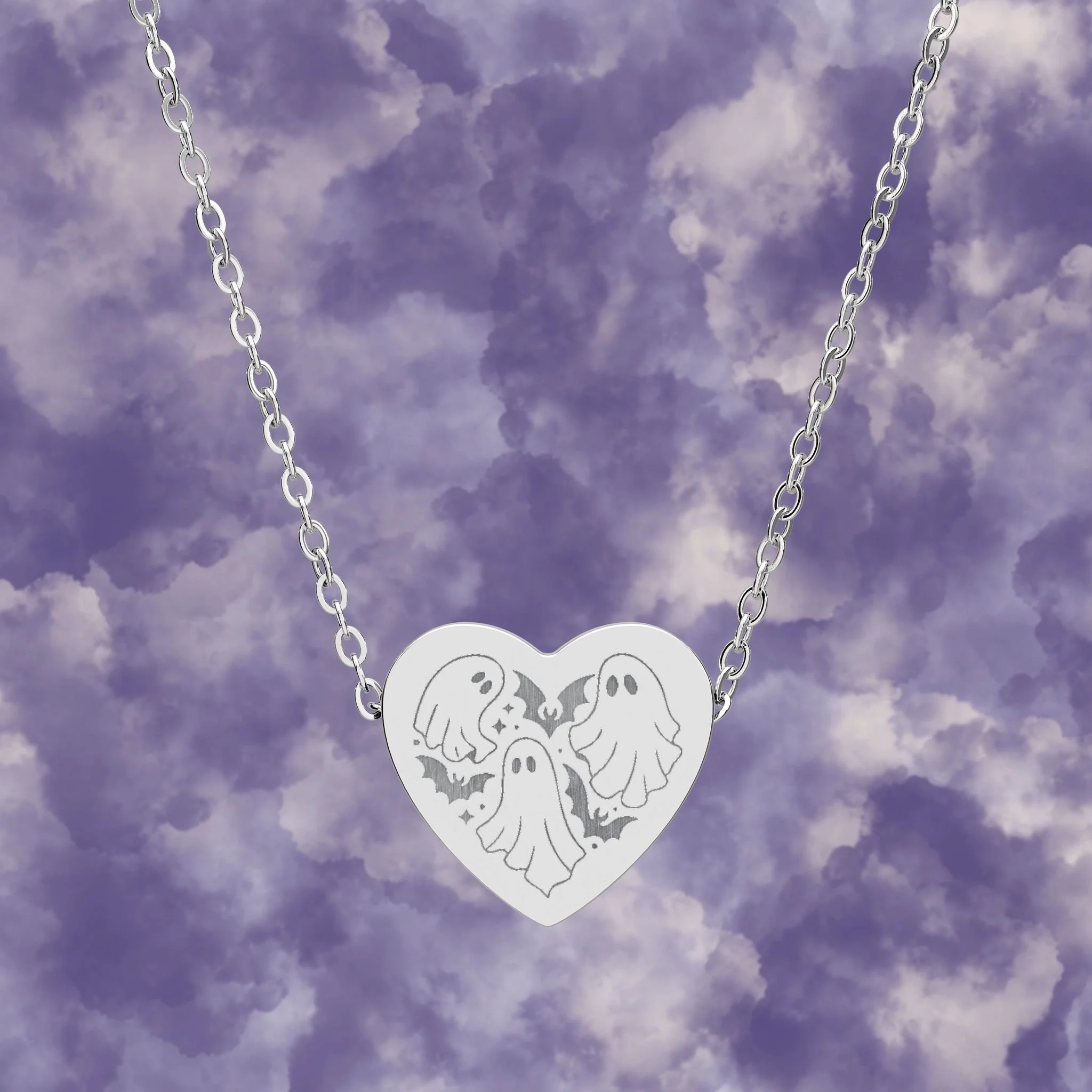 Ghosts and Bats Engraved Heart Necklace