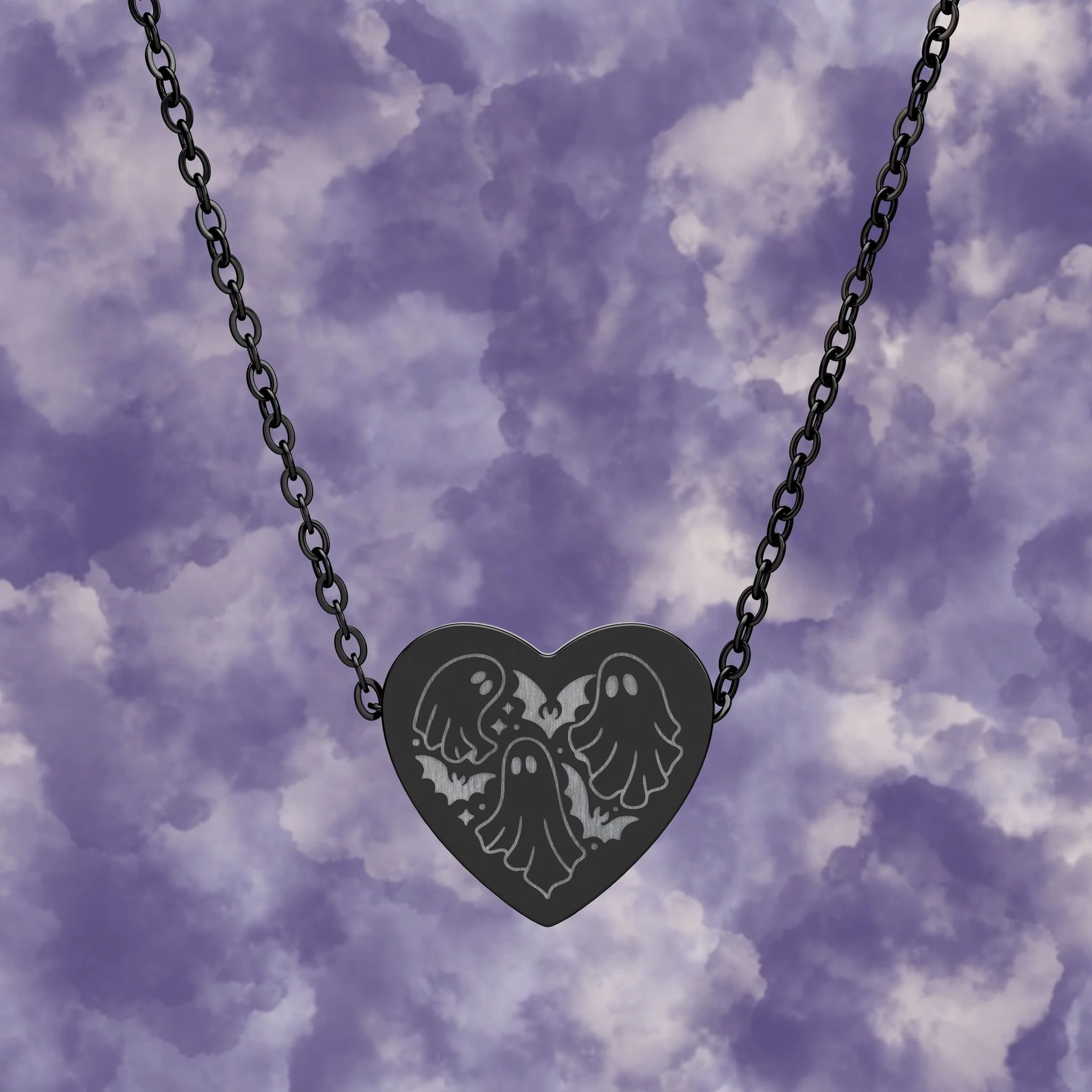 Ghosts and Bats Engraved Heart Necklace