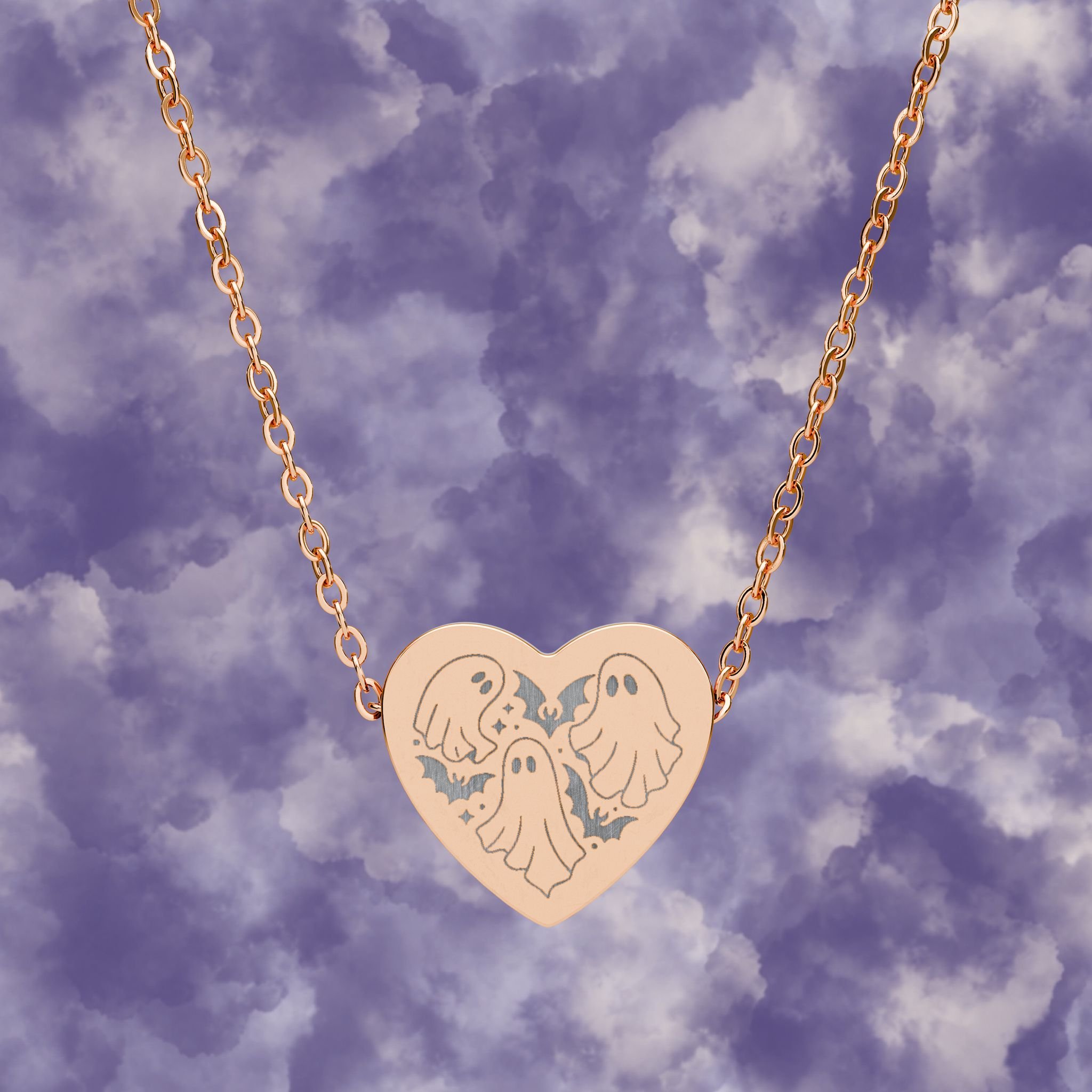 Ghosts and Bats Engraved Heart Necklace