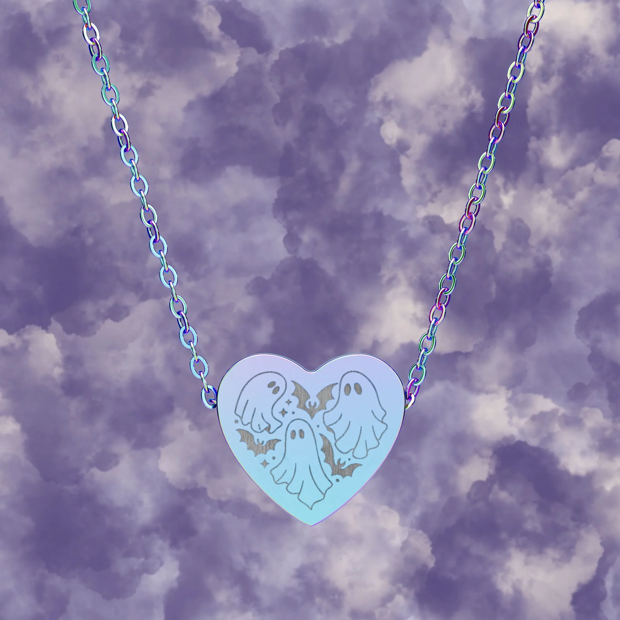 Ghosts and Bats Engraved Heart Necklace