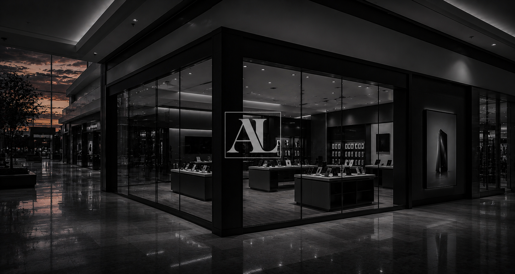 Black-and-white exterior view of an Apple Store with glass walls, display tables with Apple products, and a large logo sign, taken during sunset or evening.