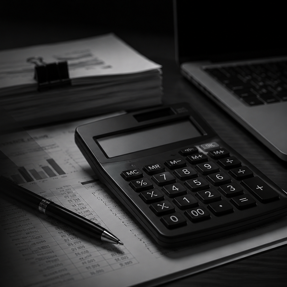 A desk with financial documents, a pen, a calculator, and a laptop.