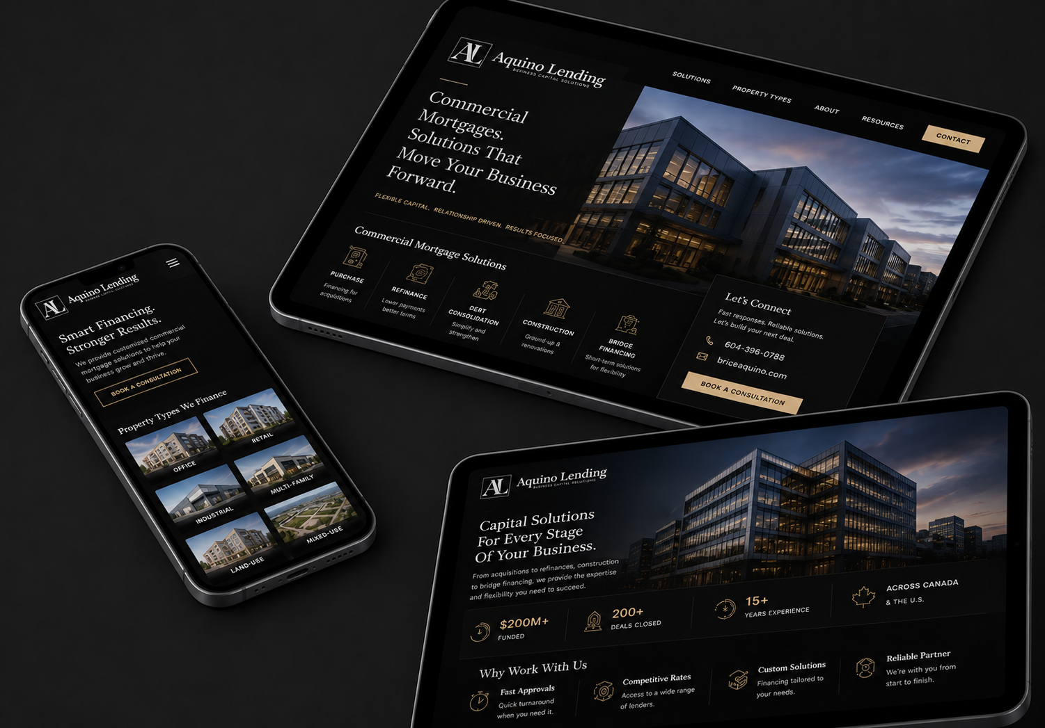 Screenshots of a website for Aquino Lending displayed on a tablet and a smartphone, showcasing their commercial mortgage solutions, property types financed, and contact information, featuring images of modern office buildings.
