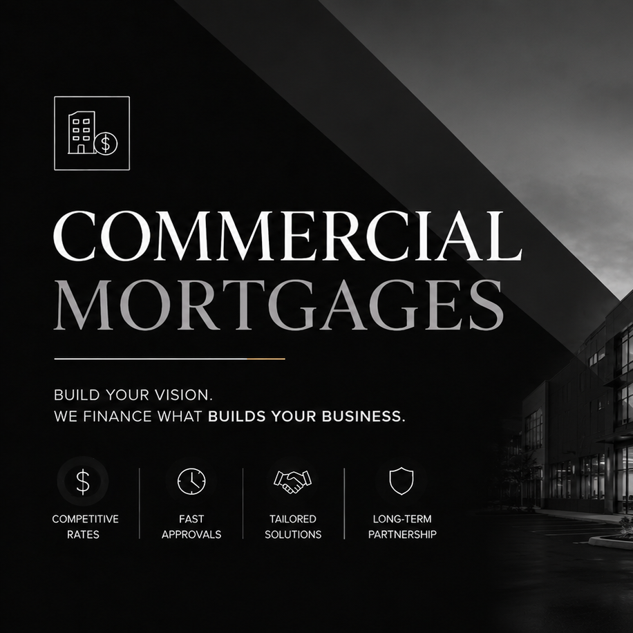 A black and white advertisement for commercial mortgages, featuring icons for competitive rates, fast approvals, tailored solutions, and long-term partnerships.