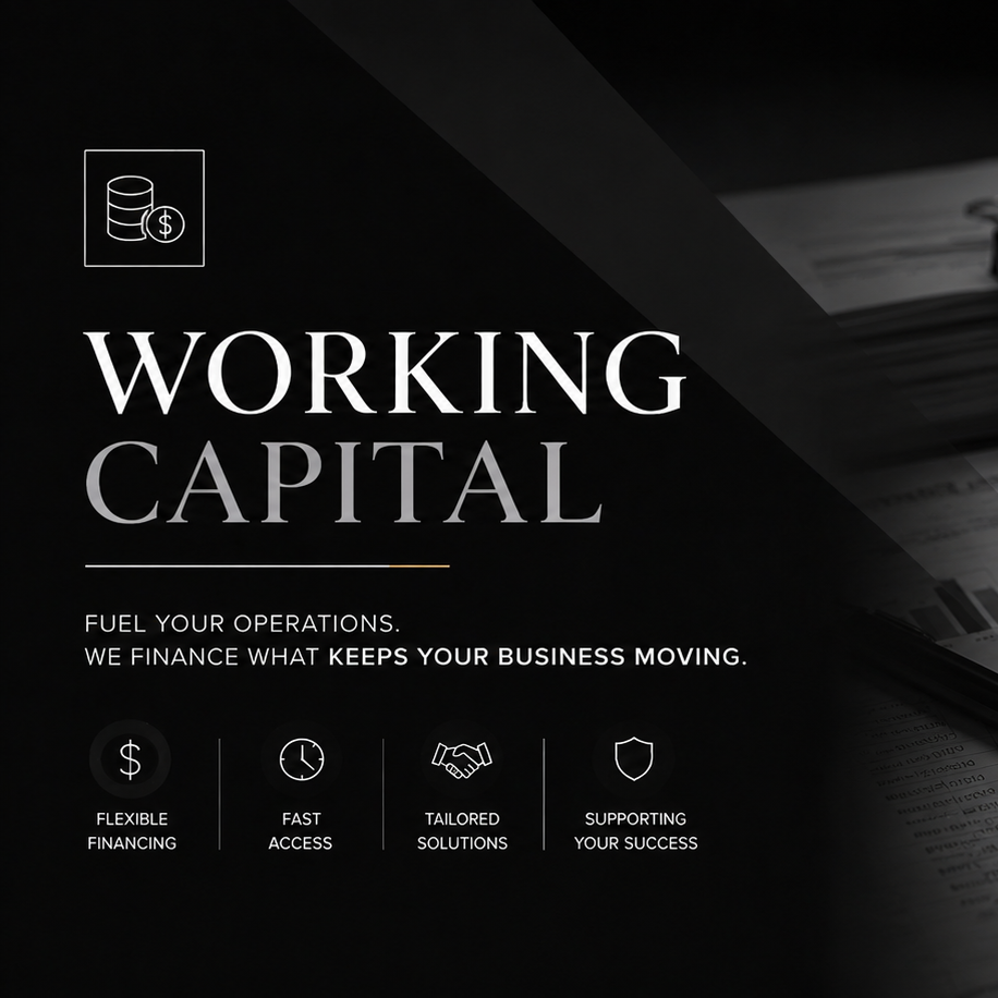 A promotional graphic for a financial or business services company, emphasizing working capital solutions. Elements include an icon of coins with a dollar sign, and text highlighting benefits such as flexible financing, fast access, tailored solutions, and supporting success.