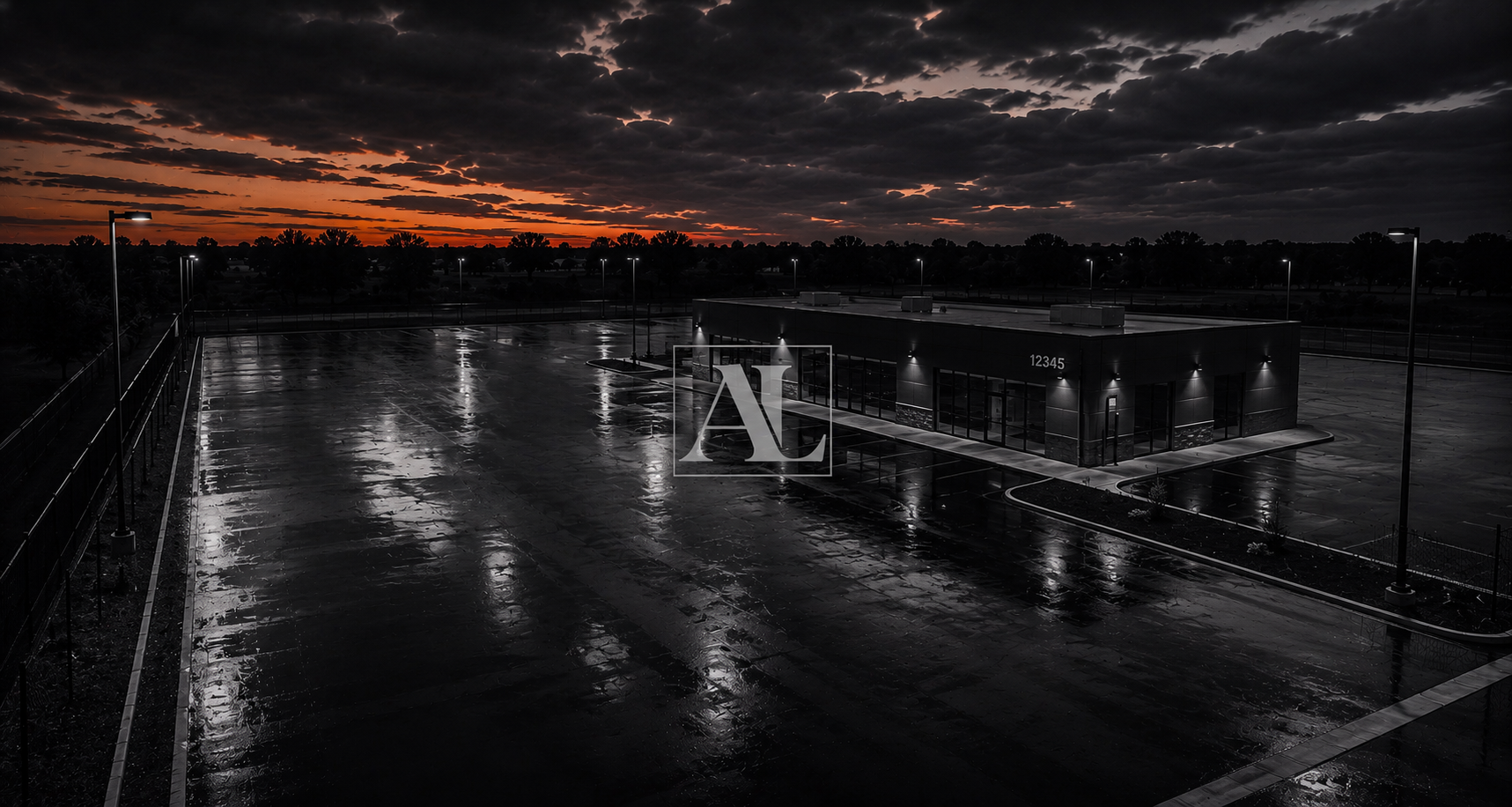 Empty parking lot at night with wet pavement reflecting lights, a small modern building with the number 12345, and a dramatic sunset with dark clouds in the sky.