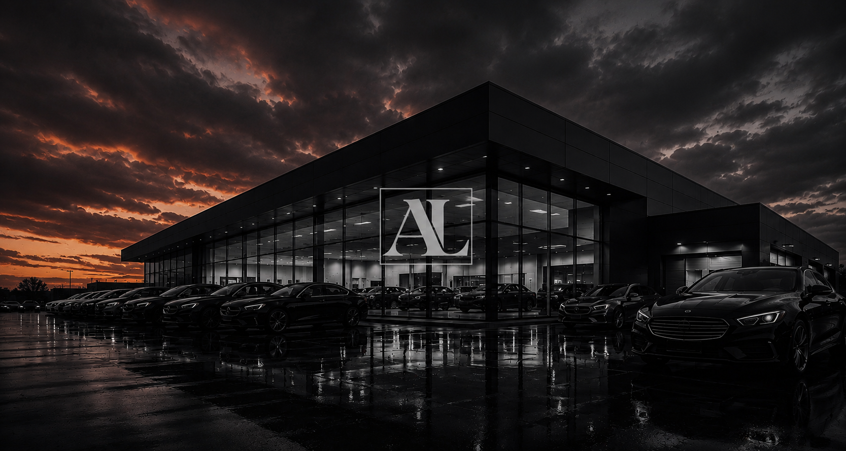 A modern car dealership with glass walls, multiple cars parked outside, and a sunset sky with dark clouds in the background.
