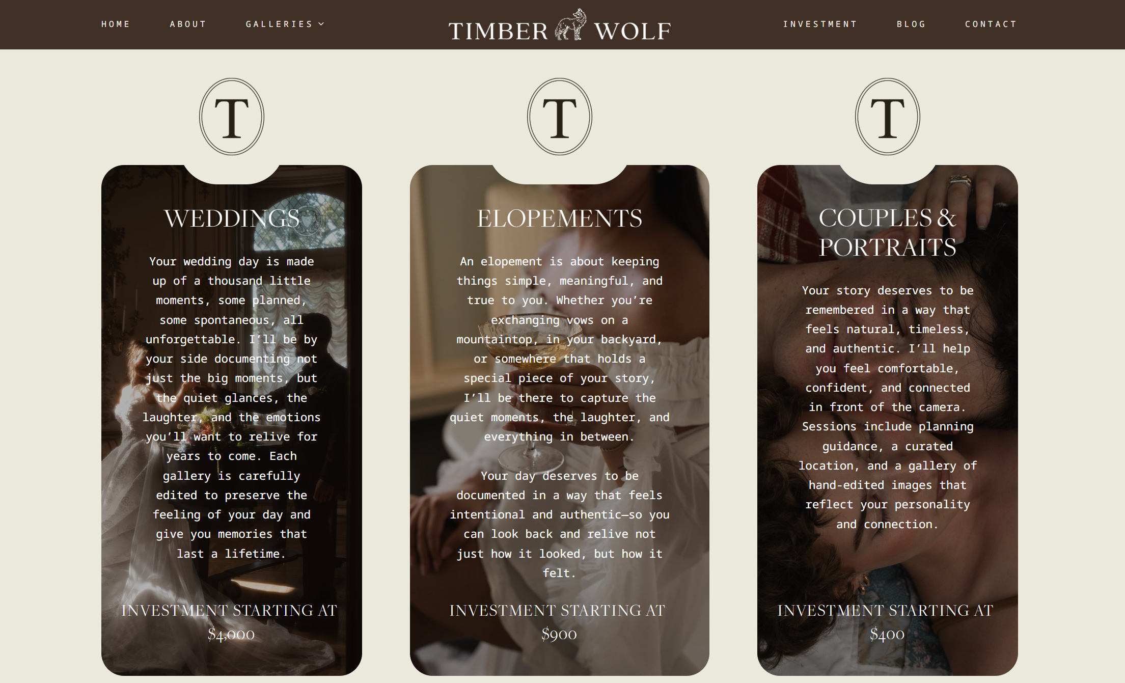 Website homepage for Timber Wolf, featuring navigation menu, logo with a wolf icon, and three columns describing wedding, elopements, and couples & portraits photography services with brief descriptions and starting prices.