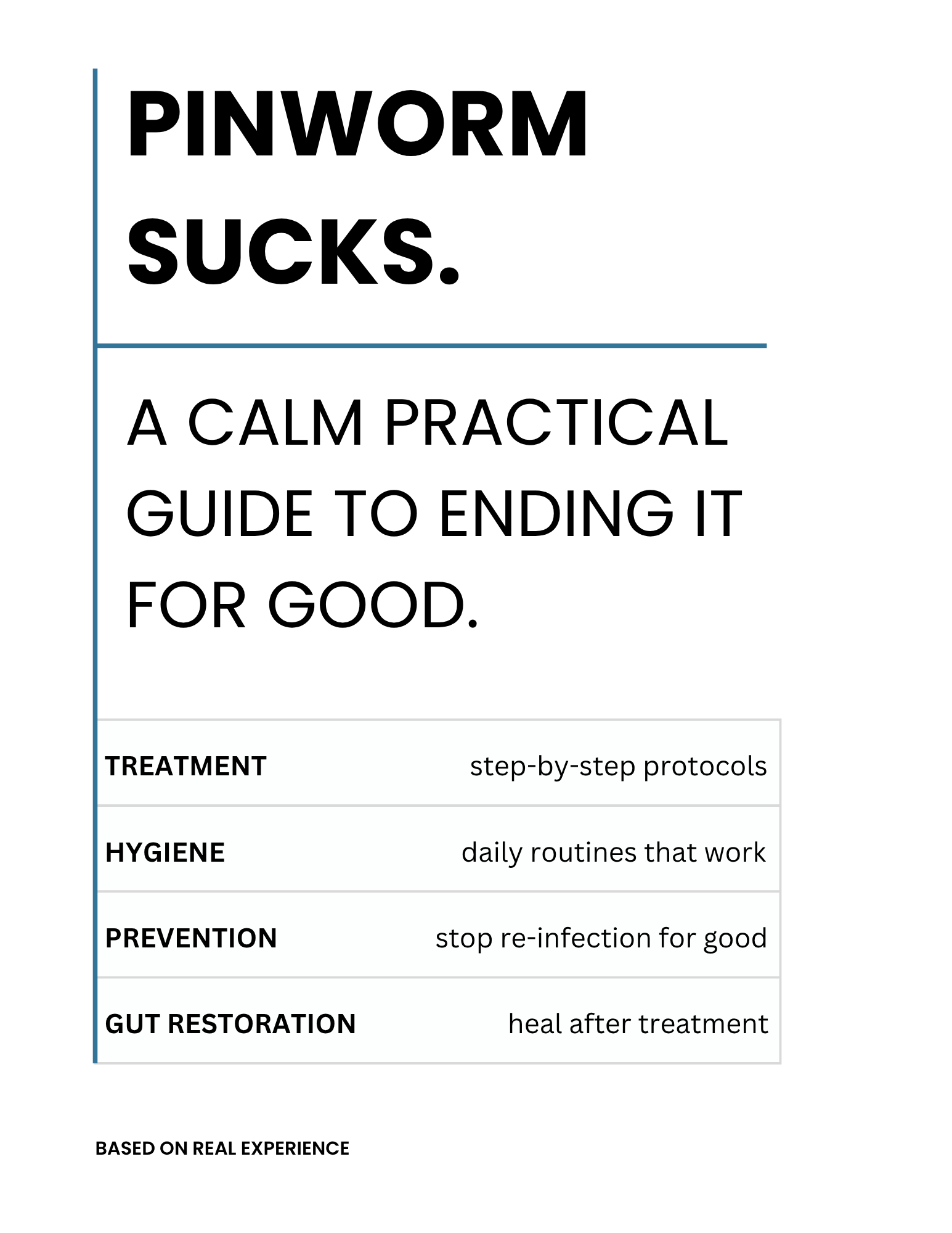 Book cover titled "Pinworm Sucks" with a subtitle "A Calm Practical Guide to Ending It for Good" and sections on treatment, hygiene, prevention, and gut restoration.