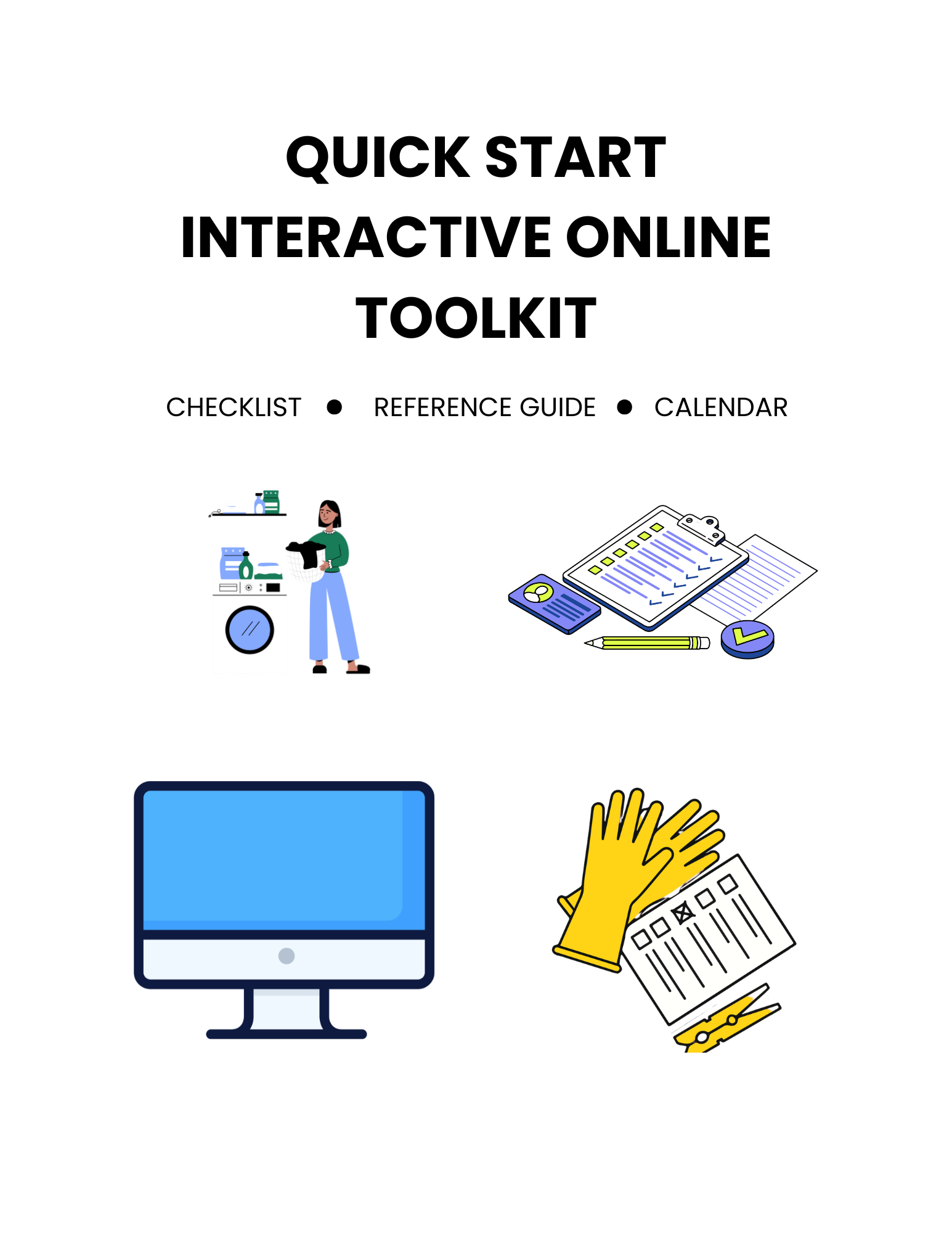 An online toolkit webpage titled "Quick Start Interactive Online Toolkit" featuring illustrations of a person in a green shirt, washing machines, and various digital devices like tablets and smartphones, along with icons of a checklist, reference guide, and calendar.