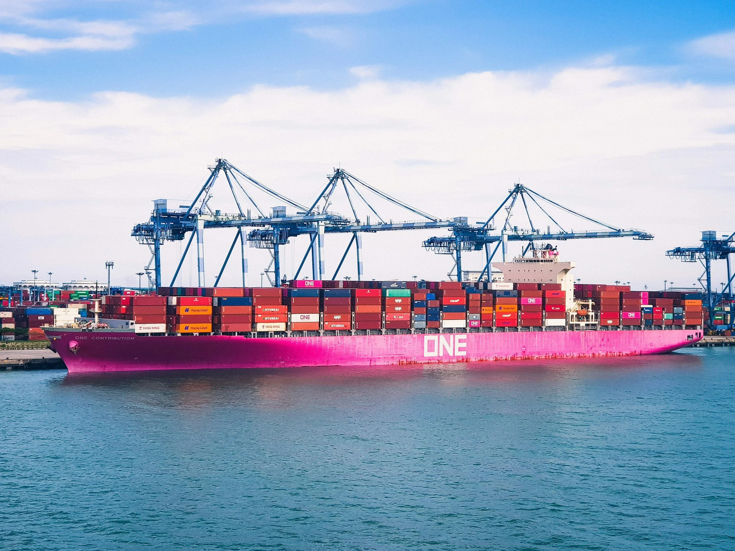 A large cargo ship painted pink with containers onboard, docked at a port with several large blue cranes for loading and unloading.