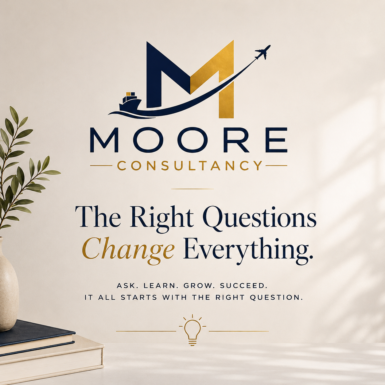 Sign for Moore Consultancy with slogan 'The Right Questions Change Everything' and tagline 'Ask. Learn. Grow. Succeed.' A potted plant and books are on a table beside the sign.