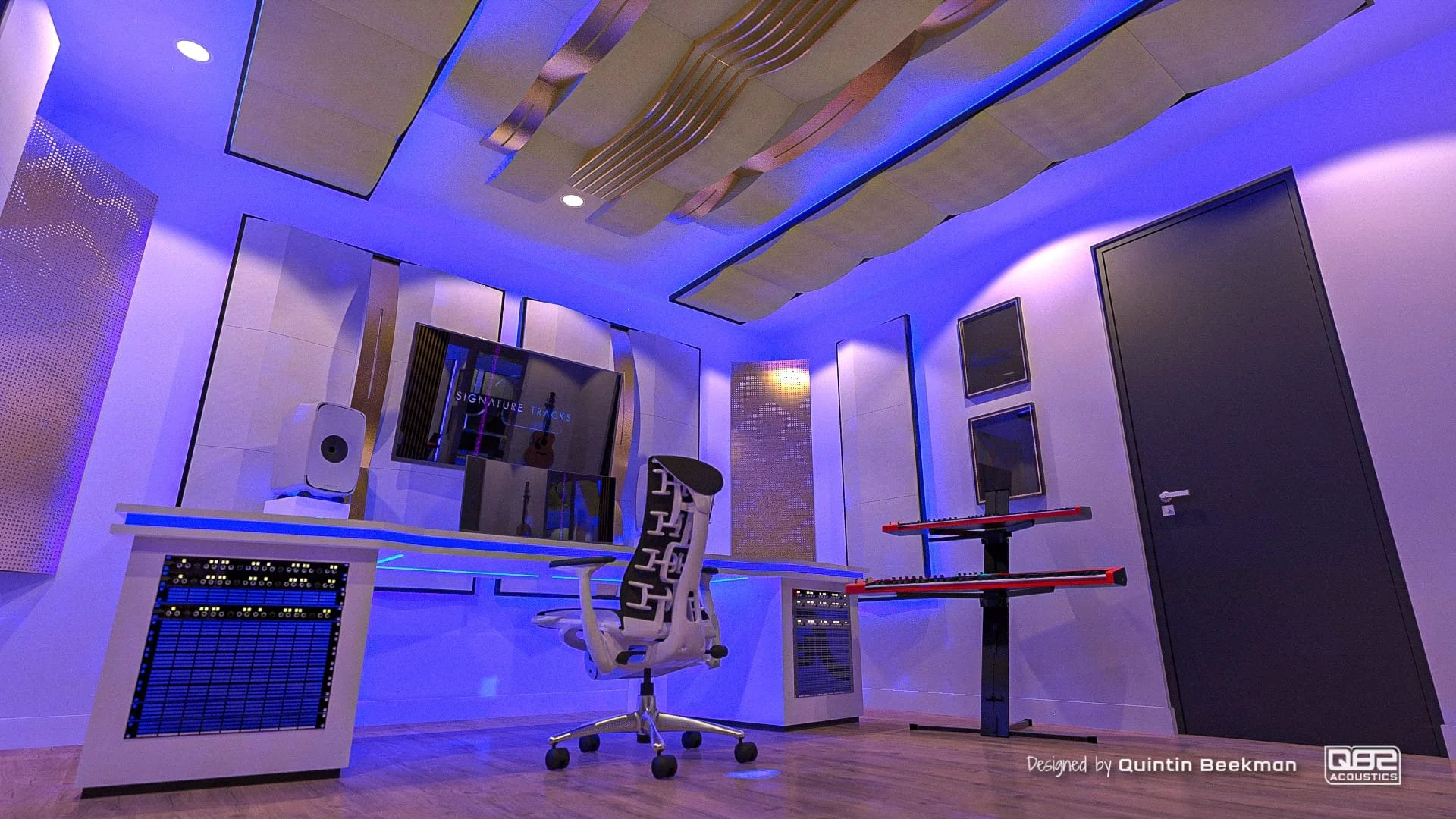 A modern recording studio with sound equipment, a control desk, and a white ergonomic chair. The room features creative wall and ceiling design with acoustic panels and bright blue lighting.