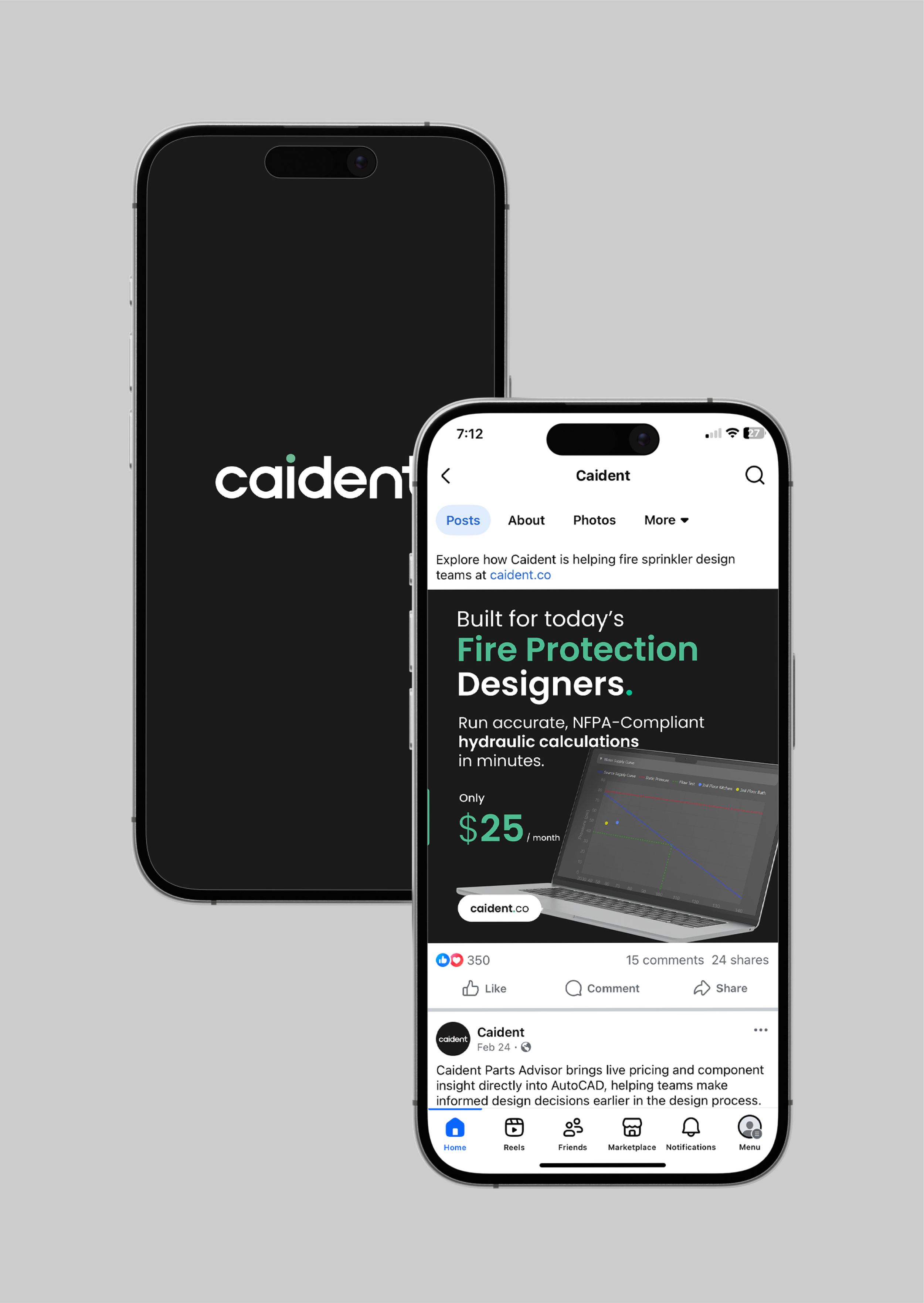 Two smartphones display social media content for a company called Caident. The first phone shows the company's logo on a black background, and the second shows a webpage or post about fire protection design services, including pricing and features. T