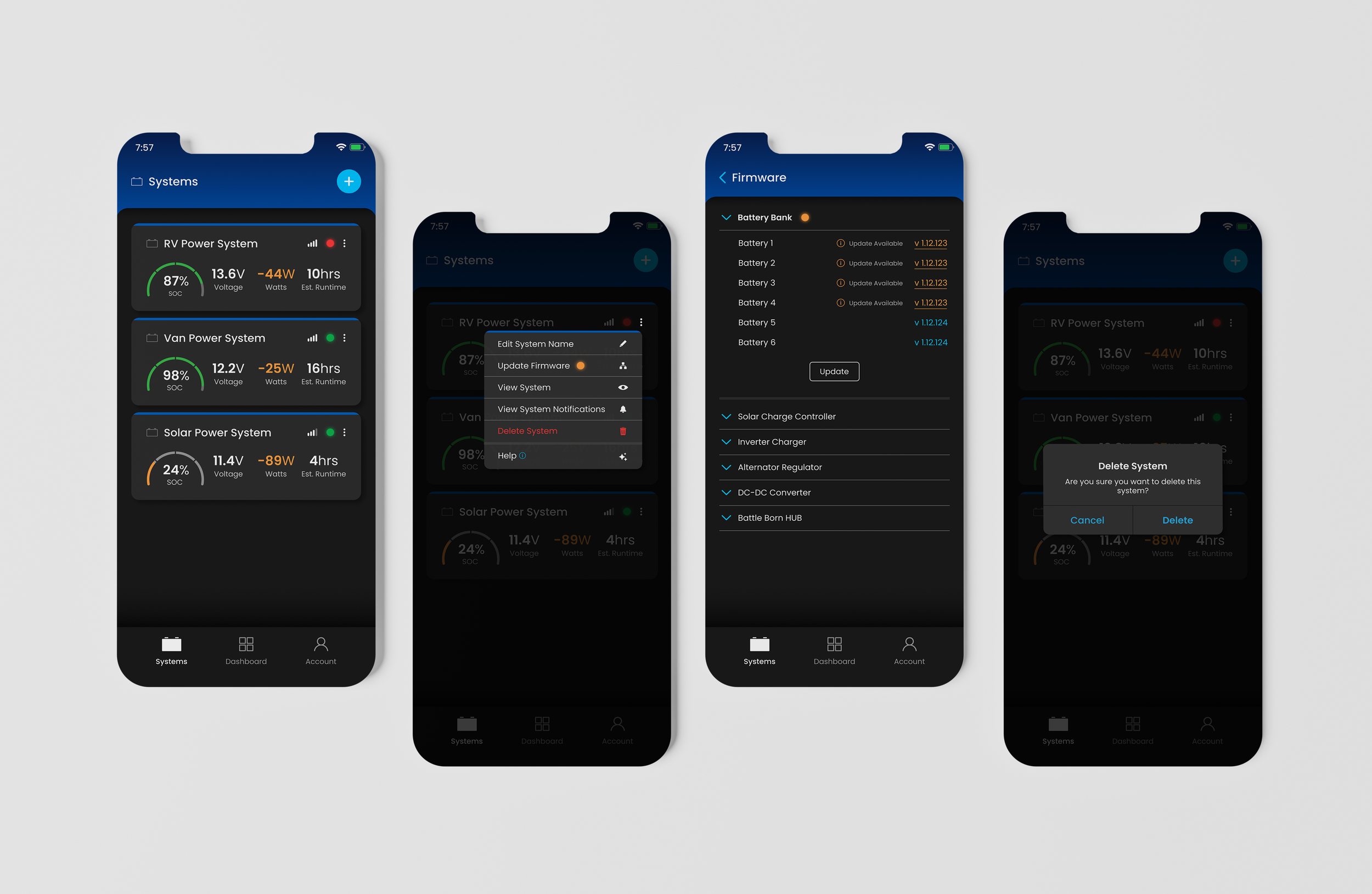 System management user interface in dark mode.