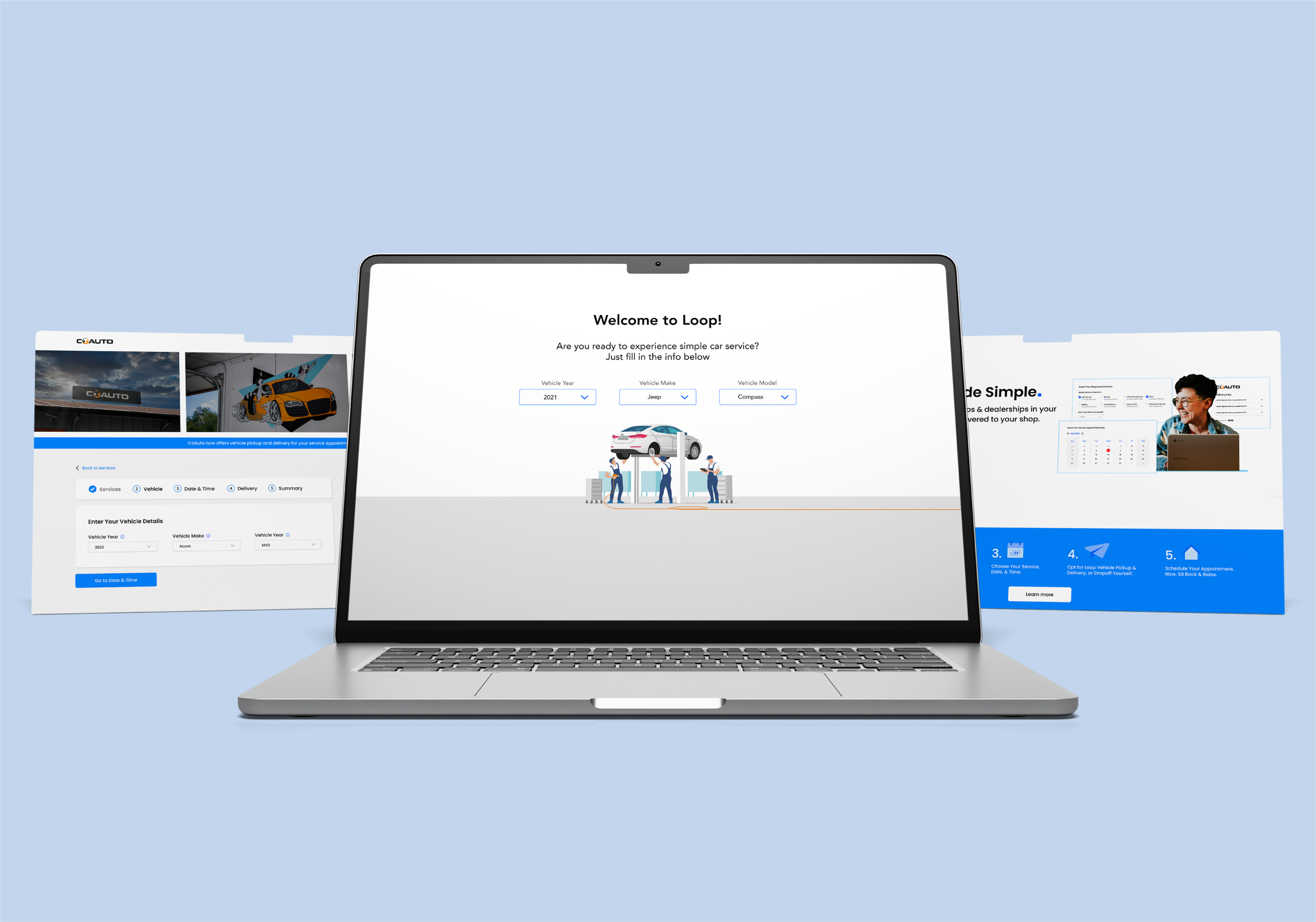 Laptop showing a vehicle service scheduling webpage with intake forms and appointment options, with additional tablet screens displaying related content.
