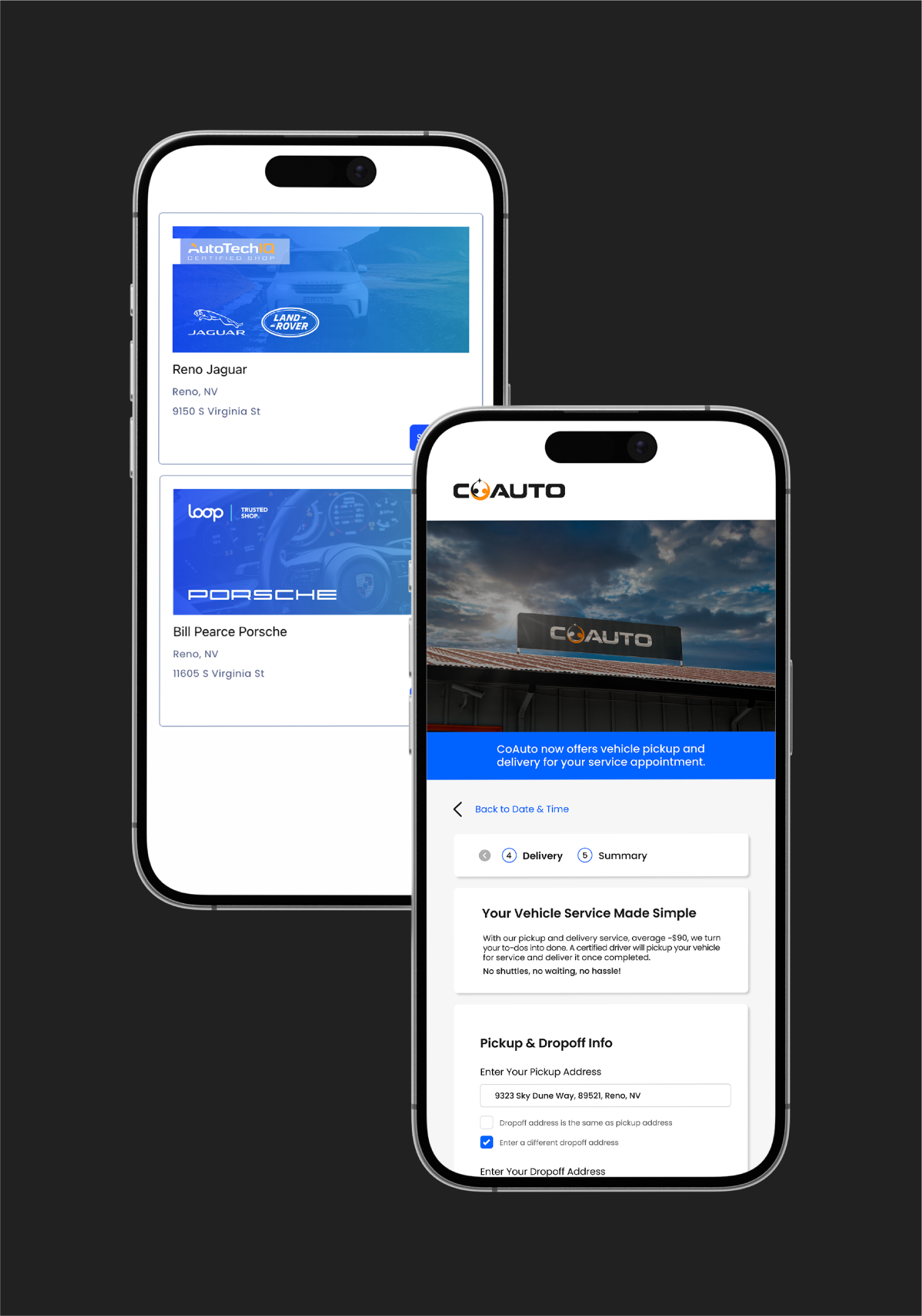Three smartphones displaying different vehicle service appointment booking apps on a black background.
