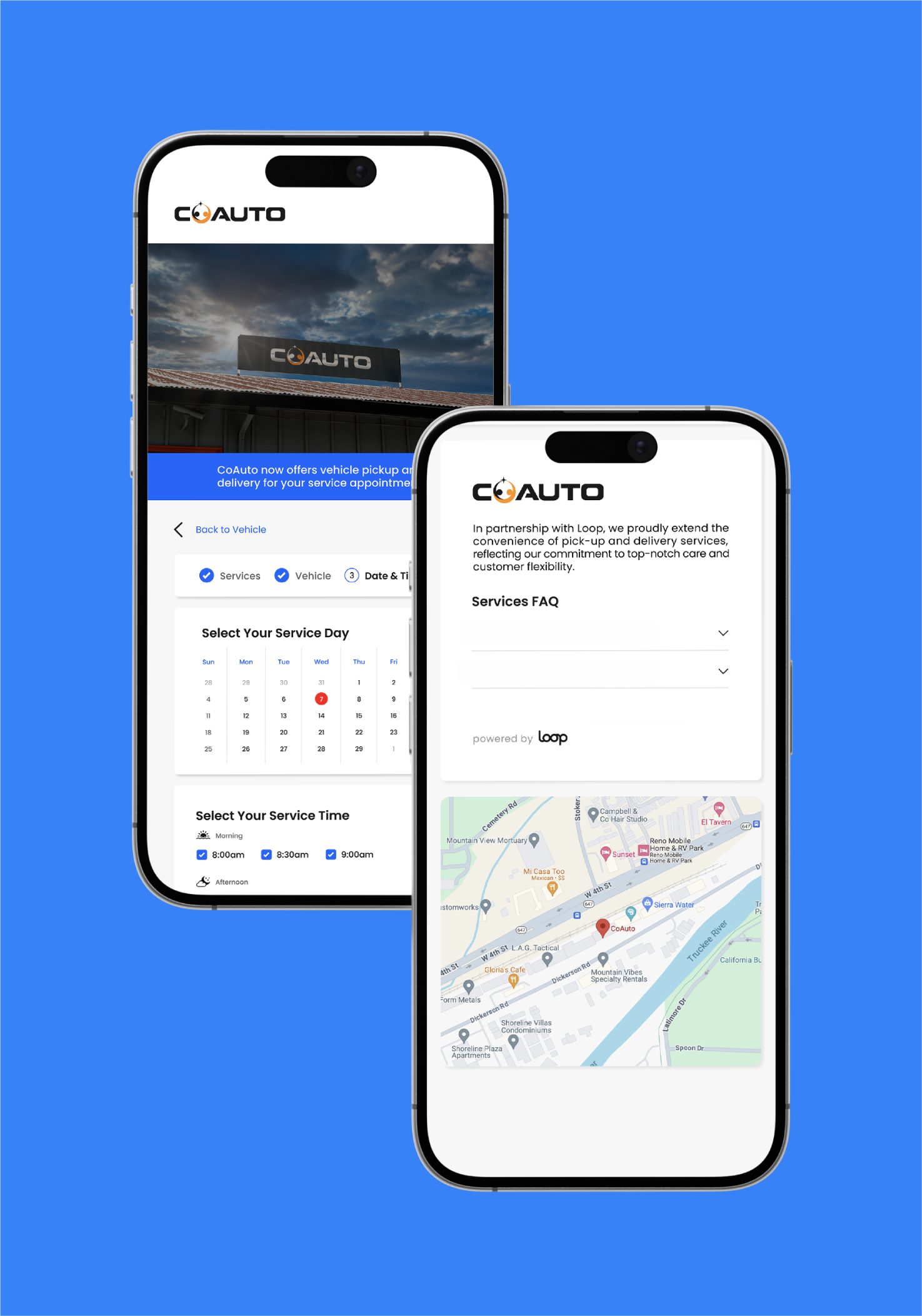 Two smartphones displaying the CoAuto app interface against a blue background, showing vehicle service scheduling, a calendar, and a map with a location marker.