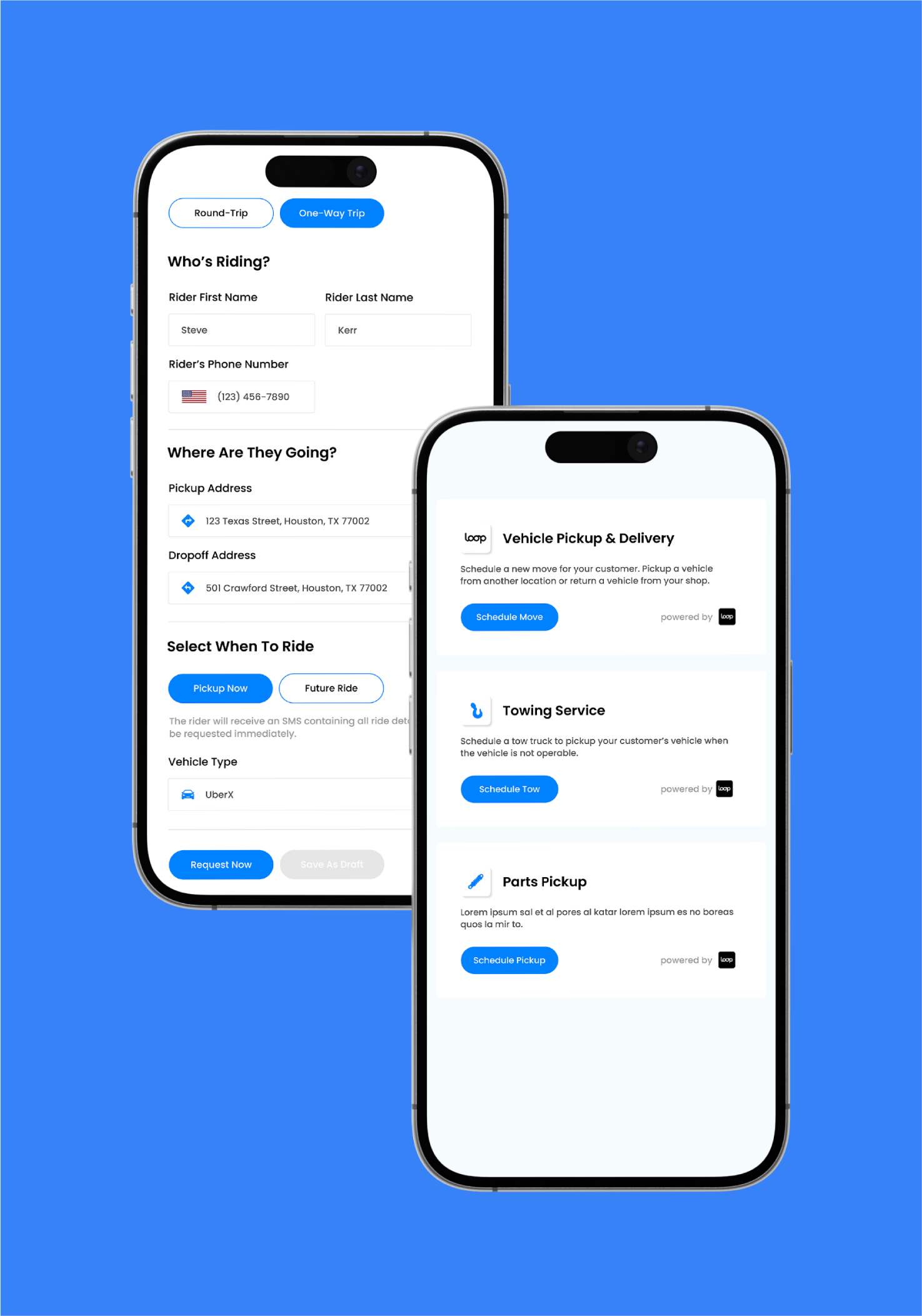 Two smartphone screens displaying transportation booking apps against a solid blue background.