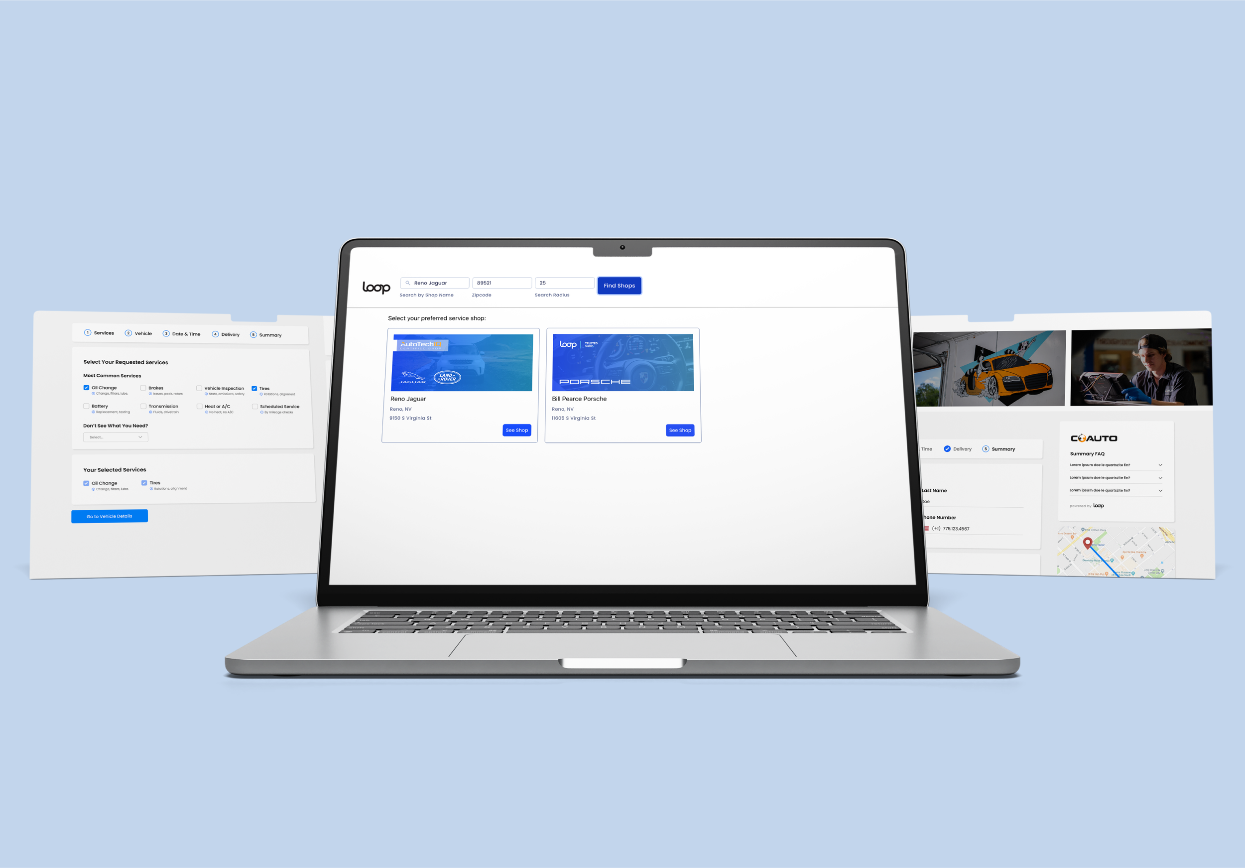 Laptop displaying a website for booking auto repair services with additional screens showing related service options, maps, and images of cars and auto technicians.