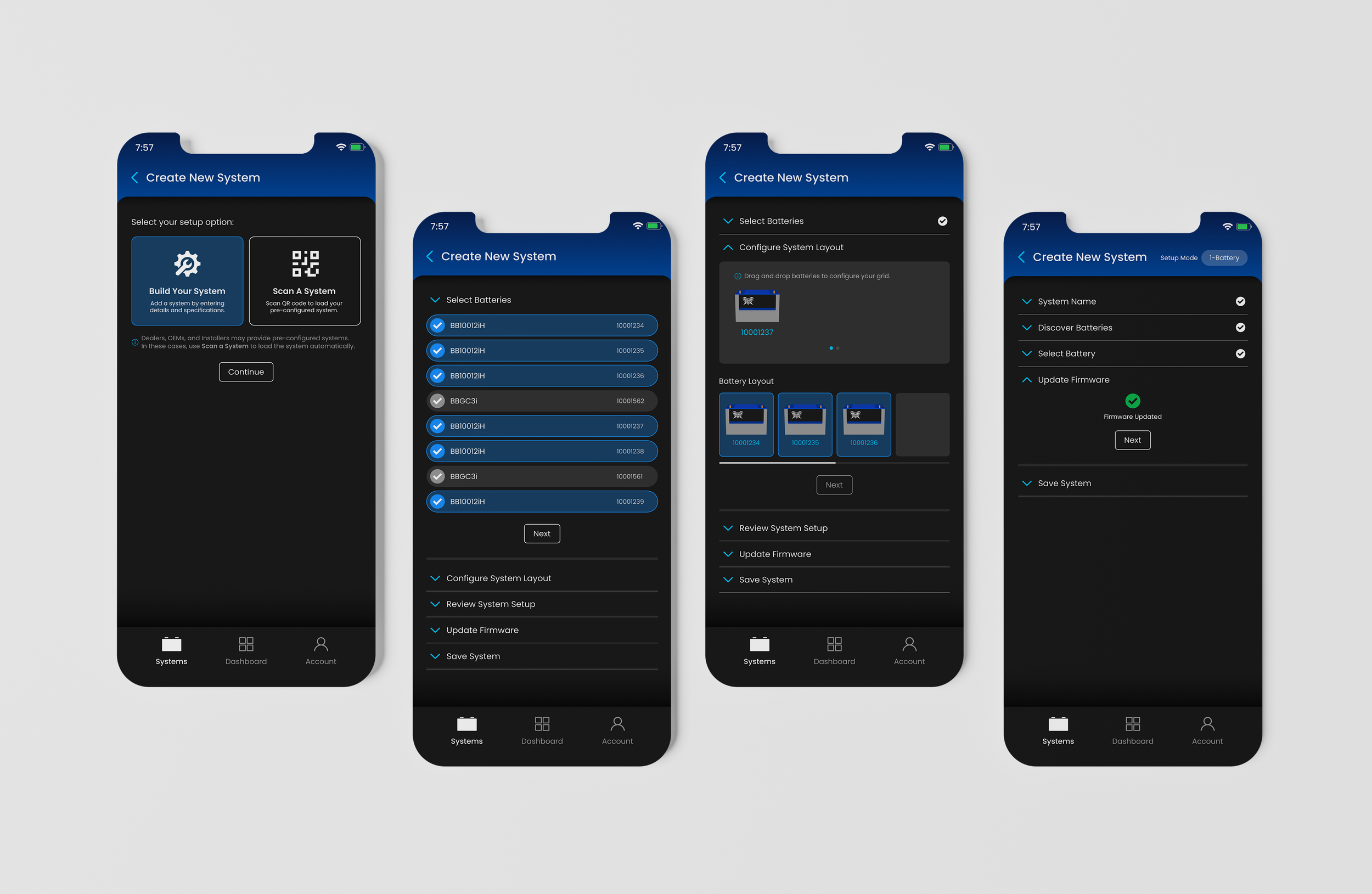 System setup user interface in dark mode.