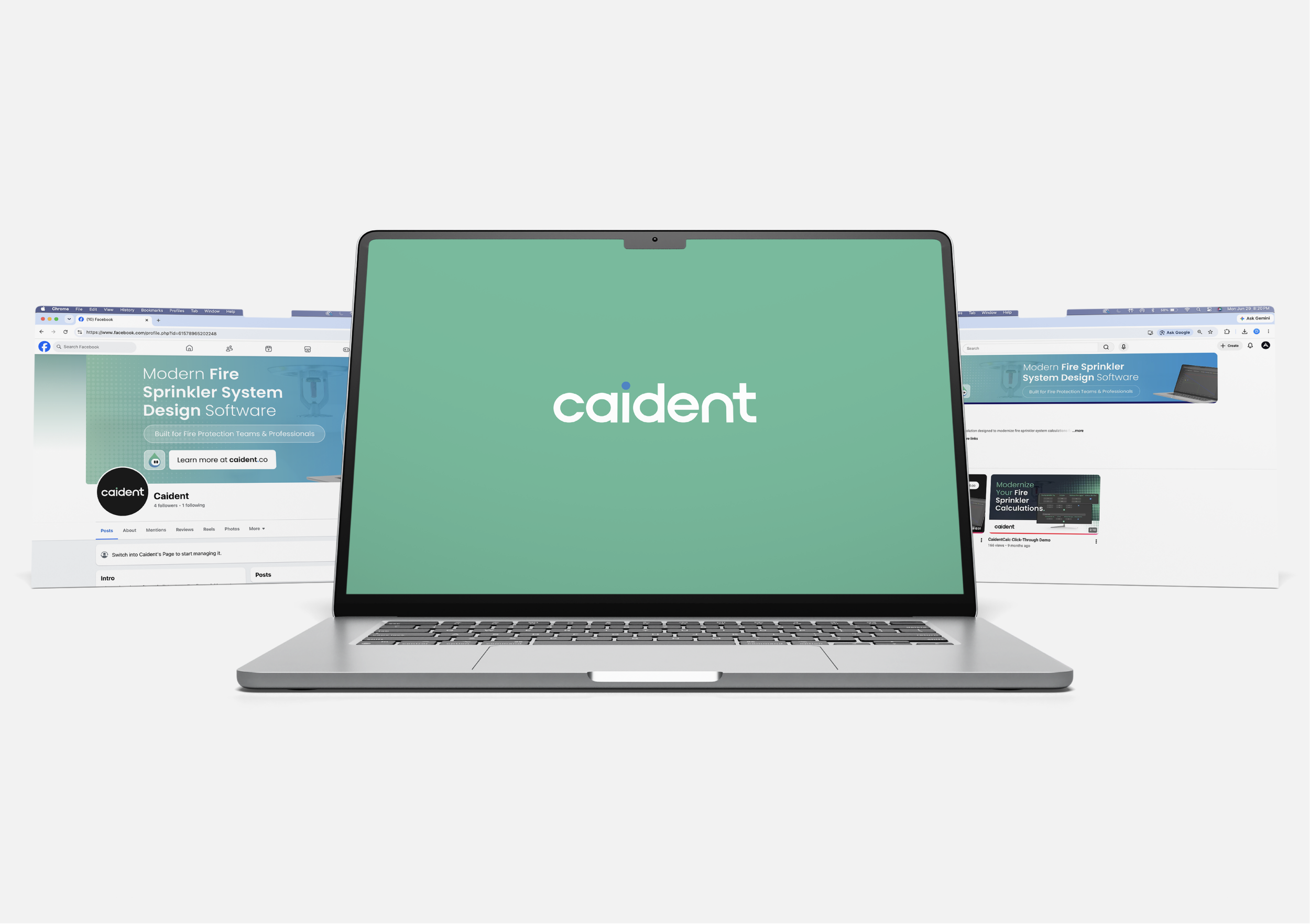 A laptop displaying the caident logo on a green background with browser tabs and web pages open on either side.