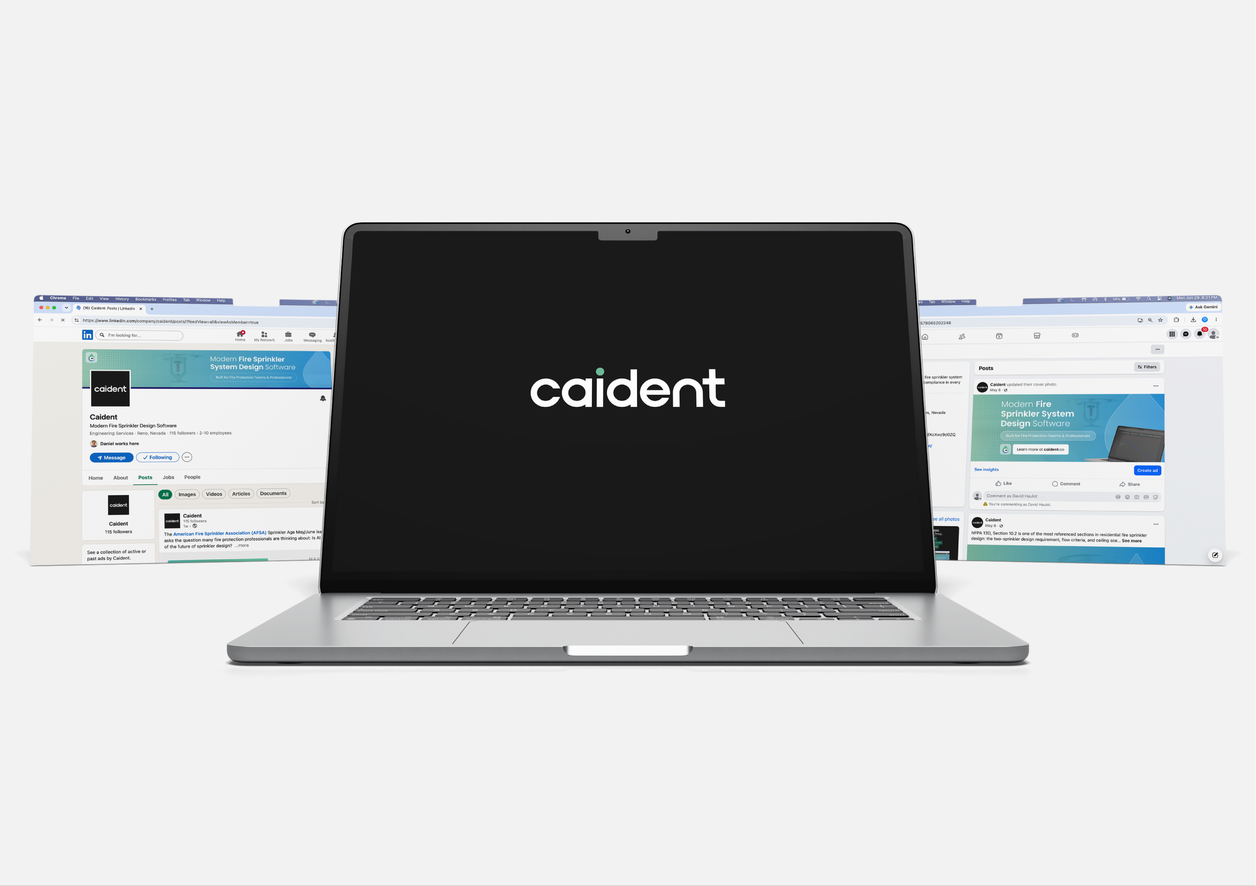 A laptop displaying the word 'caident' on its screen, with additional web pages partially visible behind it.