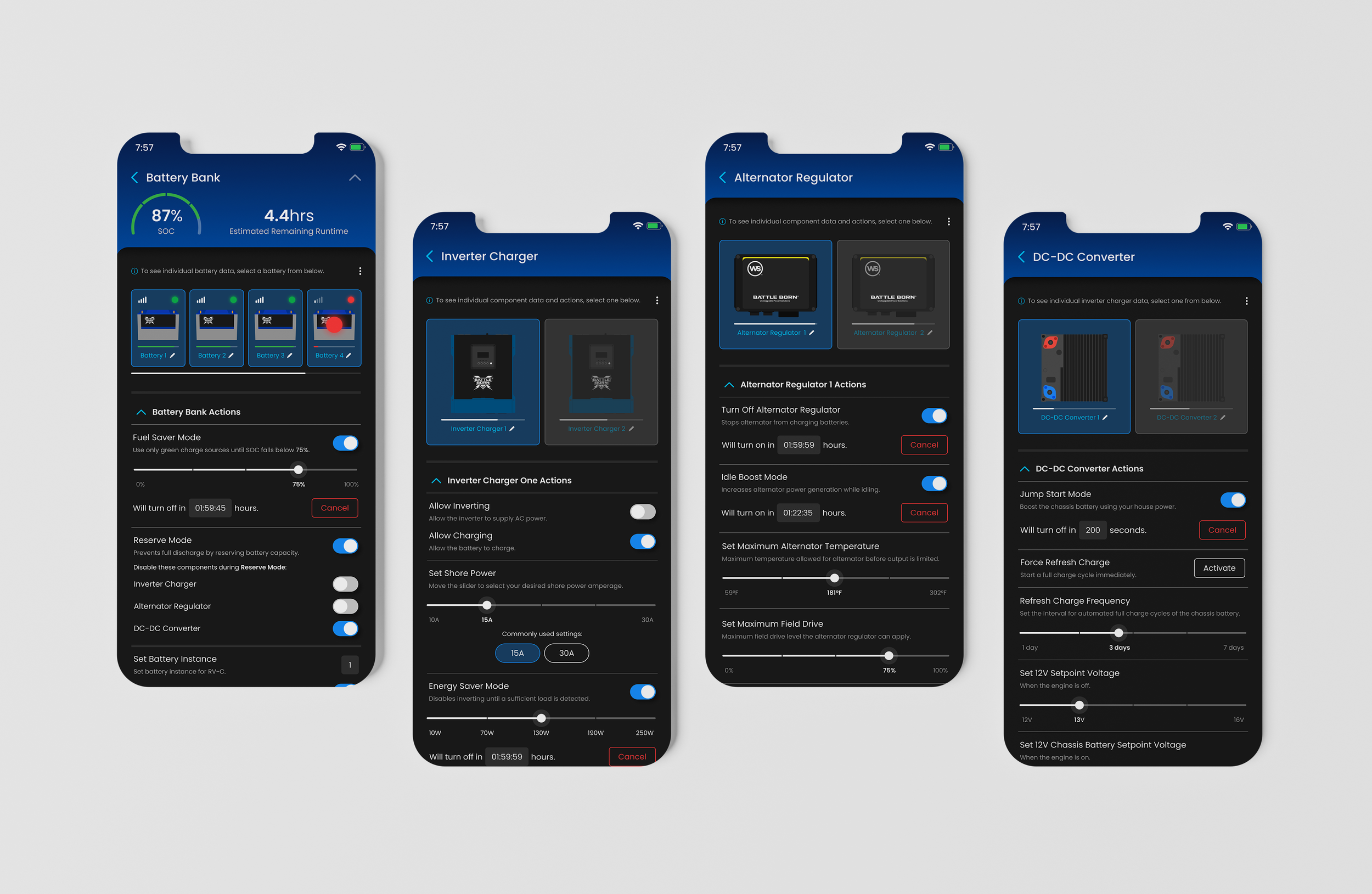 System component control user interface in dark mode.