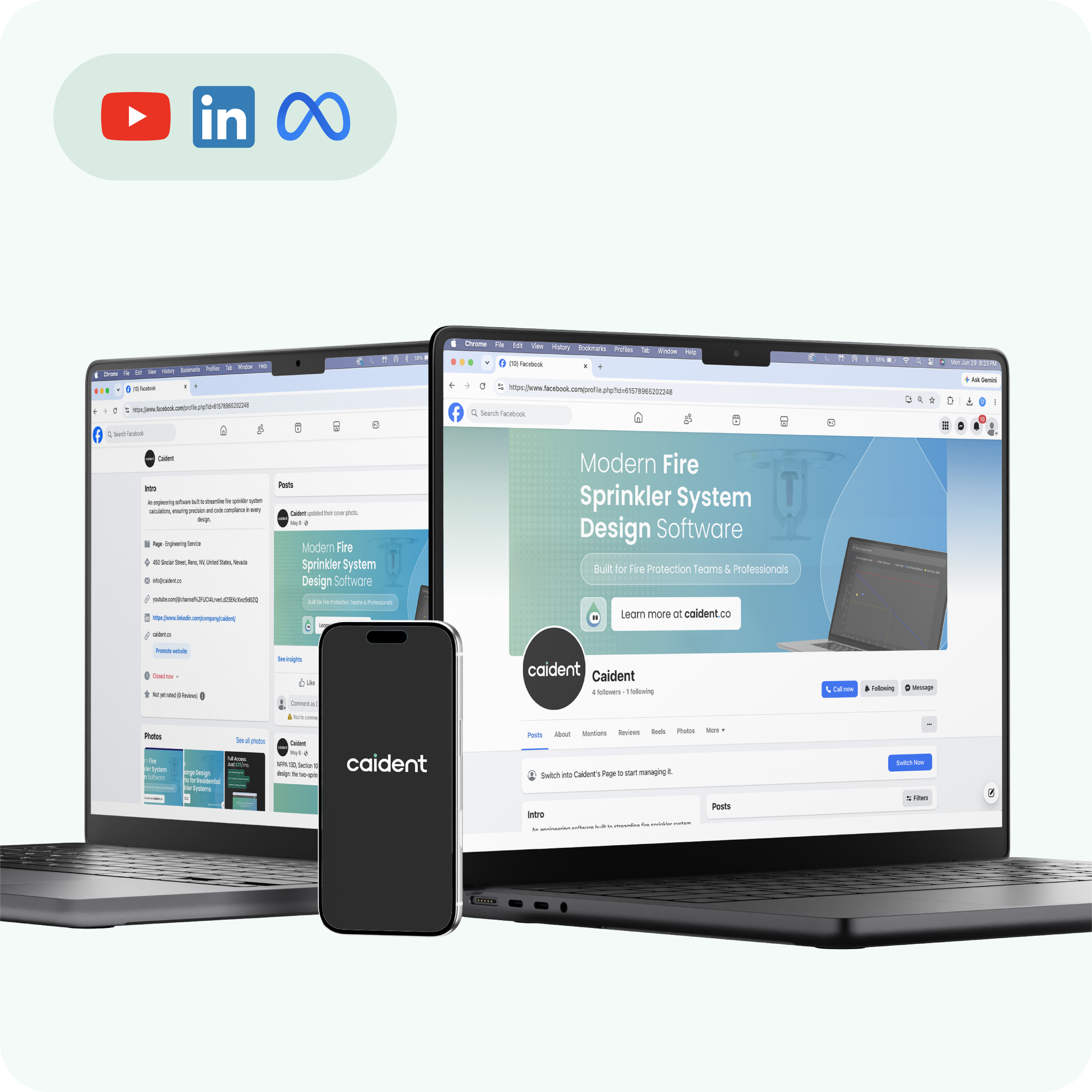 A display of the Facebook and LinkedIn social account for Caident.