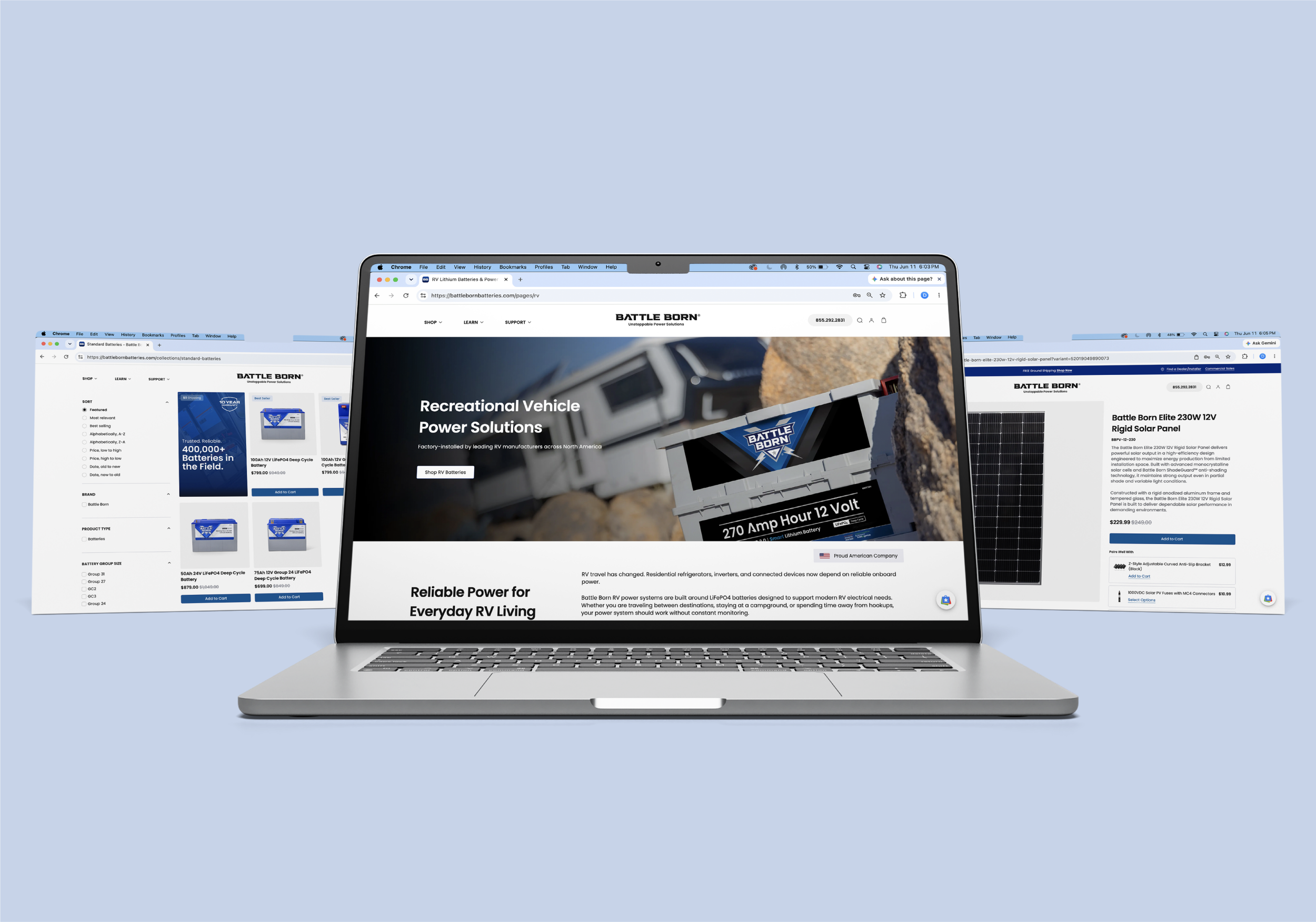 Laptop screen displaying a website for Battle Born Batteries, featuring information about recreational vehicle power solutions and solar panels, with multiple browser windows open showing different battery products and support options.