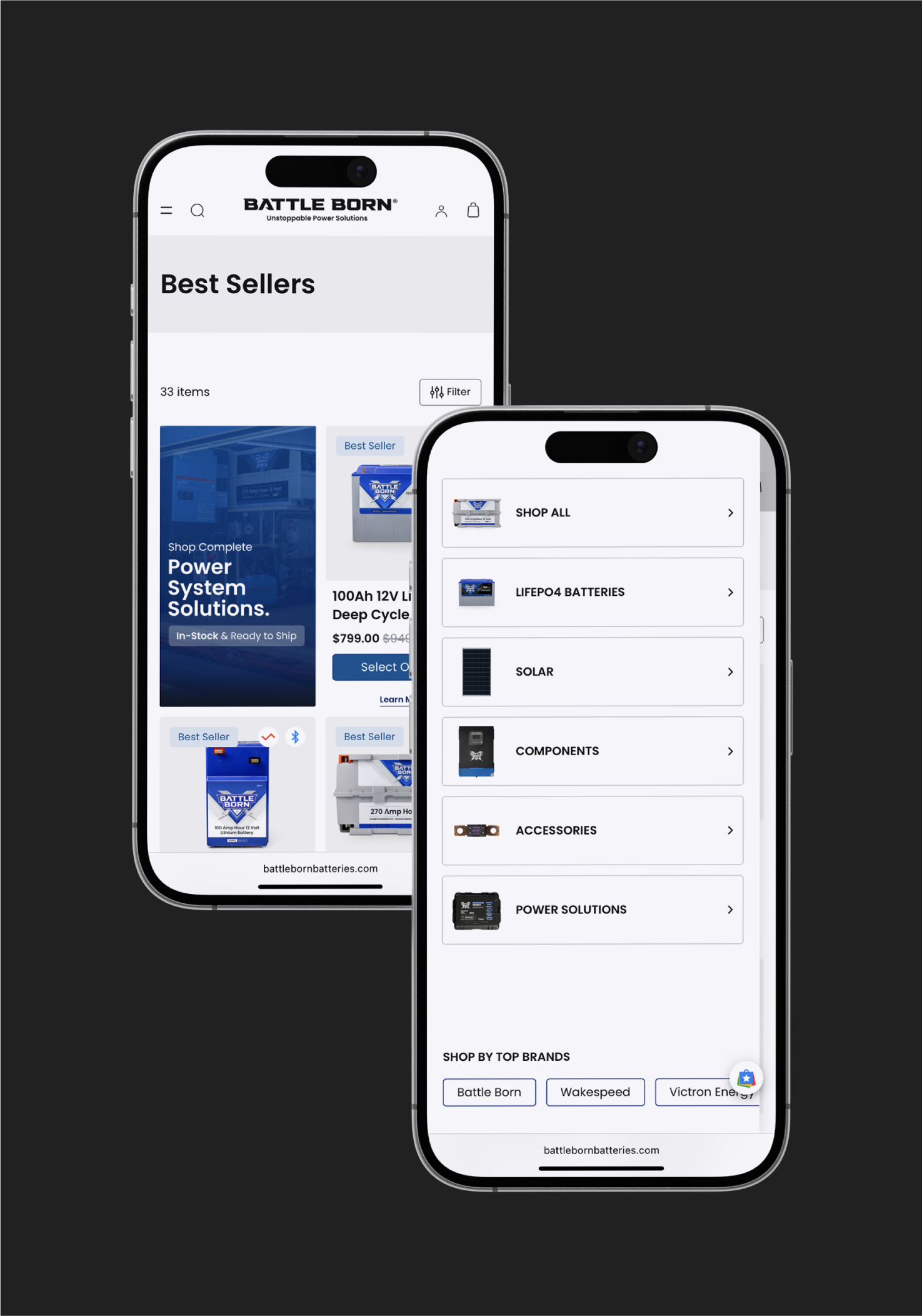 Two smartphones displaying the Battle Born Batteries website, showcasing battery products and categories.