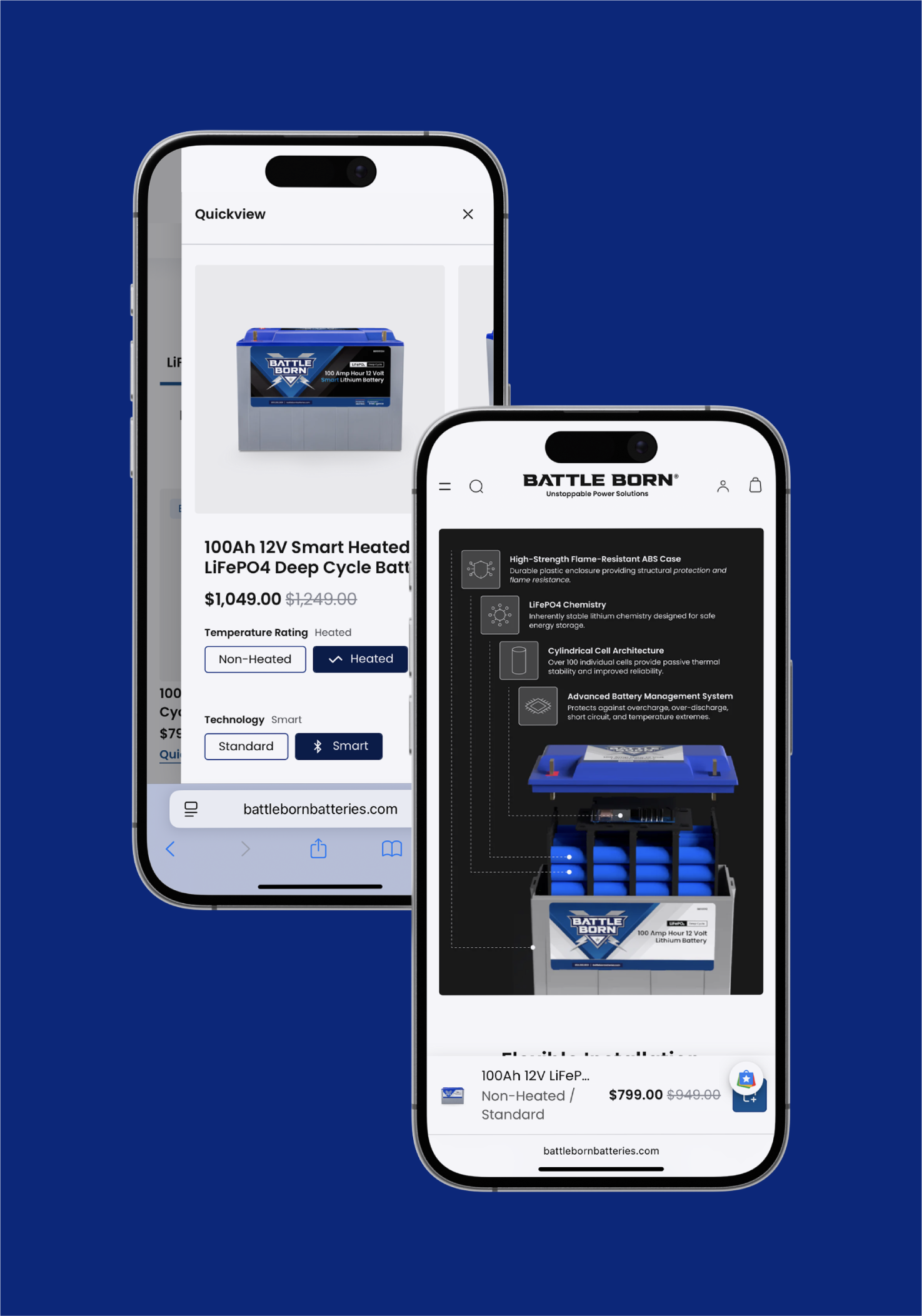Smartphone screens displaying product listings for Battle Born lithium batteries, including images, prices, and features, set against a blue background.