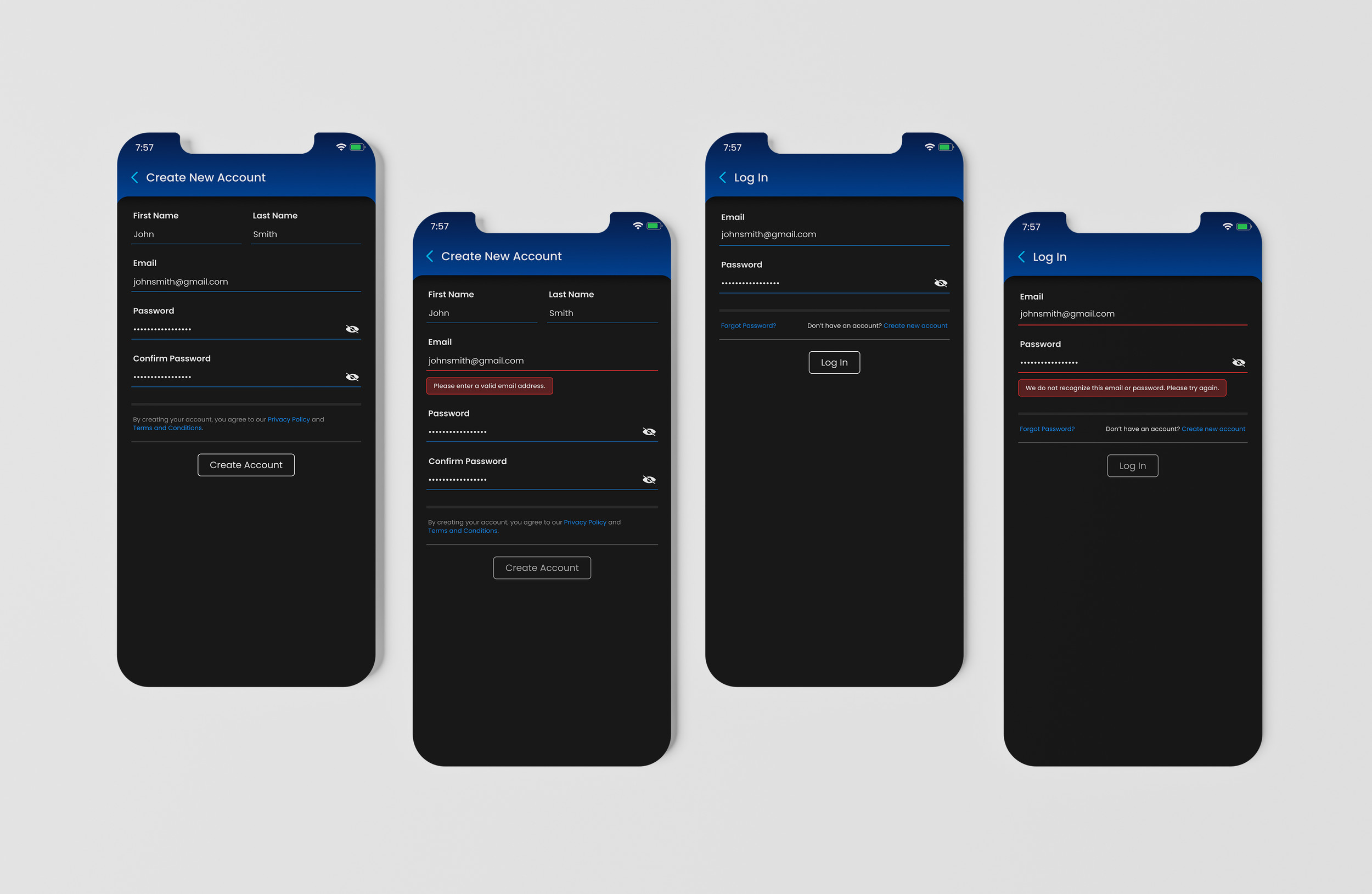 Account access user interface in dark mode.