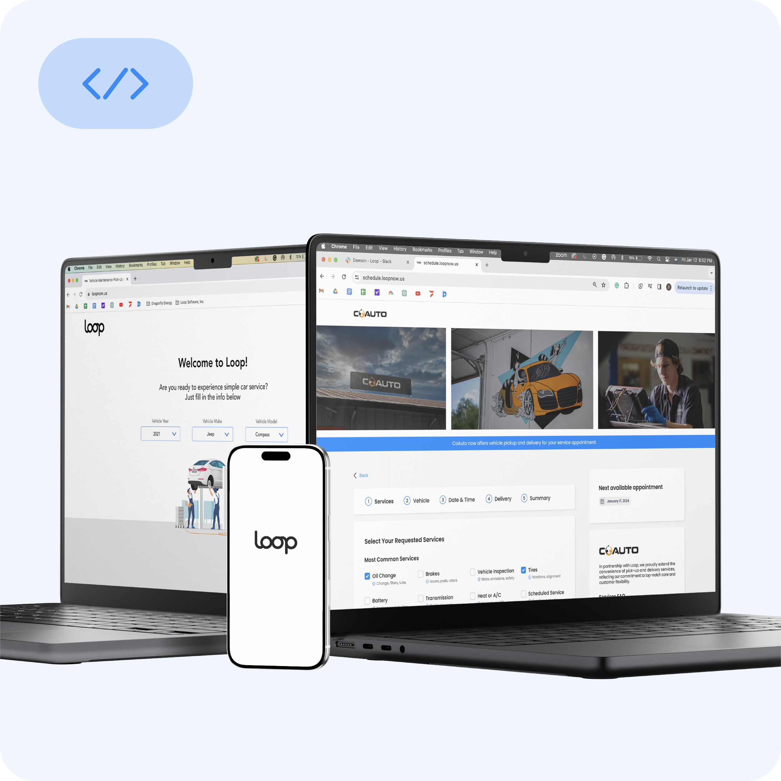 A display of the user interface for the Loop customer app.