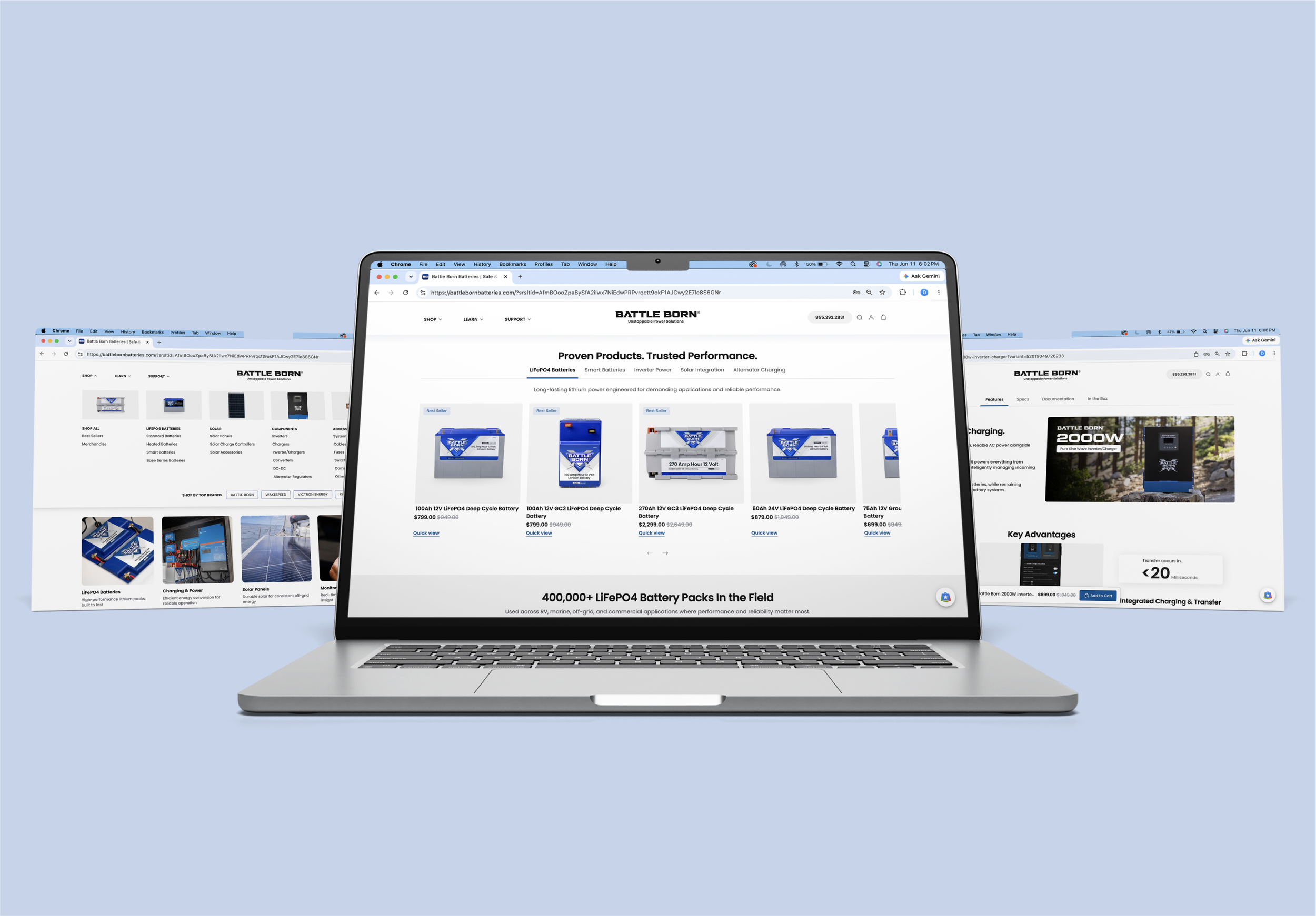 Multiple computer screens and a laptop displaying the Battle Born Batteries website on a blue background.