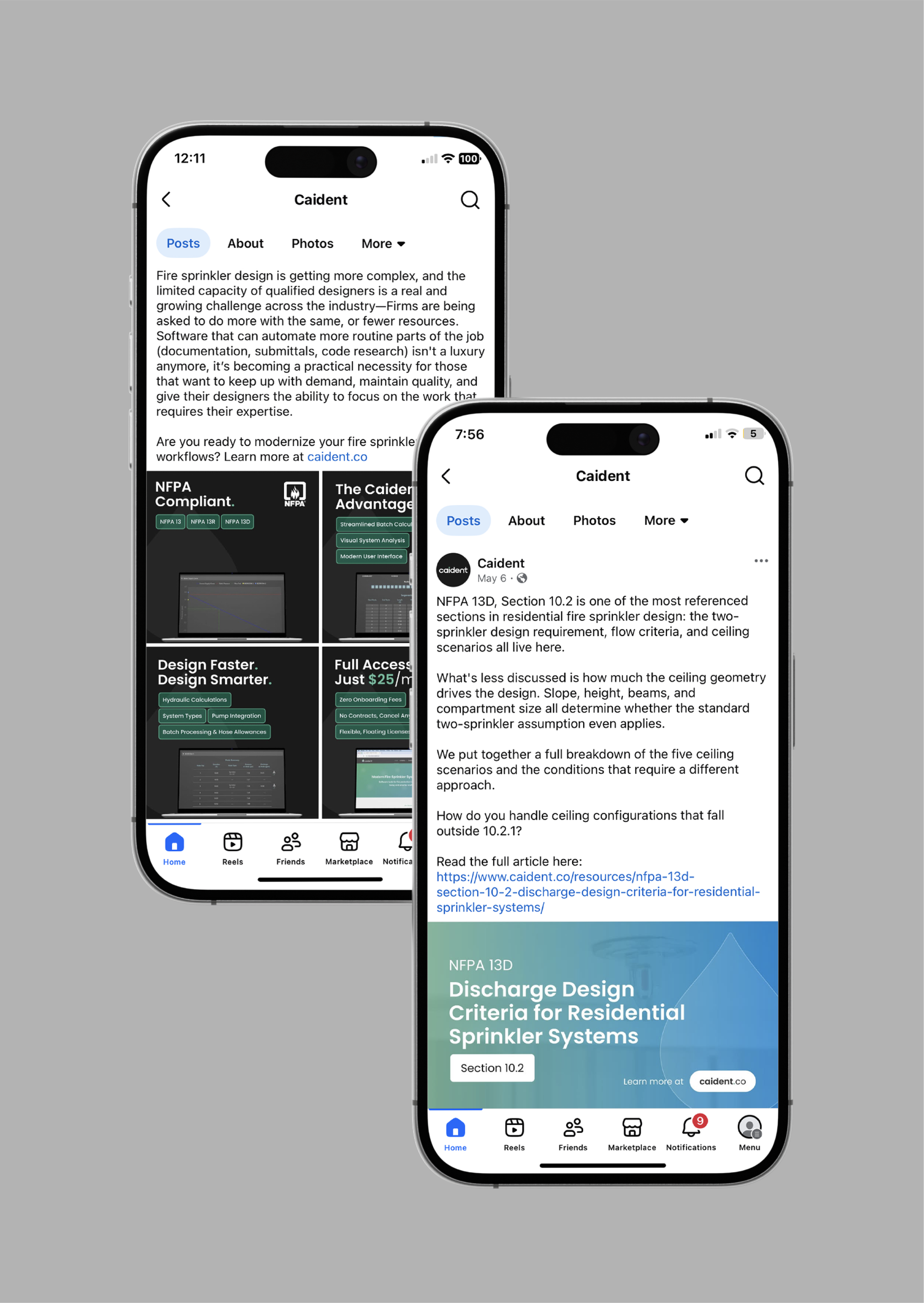 Screenshots of a mobile app or website displaying fire sprinkler design standards and criteria, with text about NFPA 13D, section 10.2, and related information.
