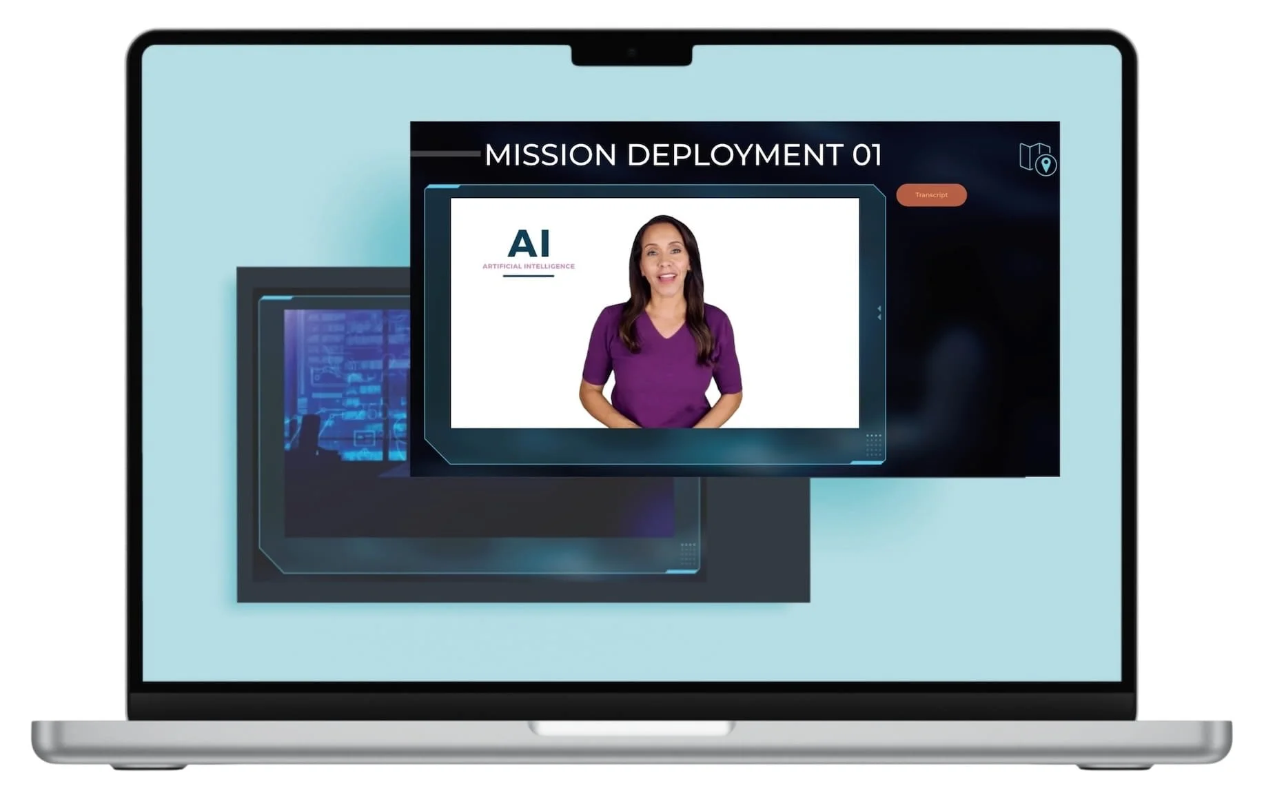 Laptop screen displaying 'Mission Deployment 01' with an overlay of a woman in a purple shirt speaking, and text 'AI Artificial Intelligence' to the left.