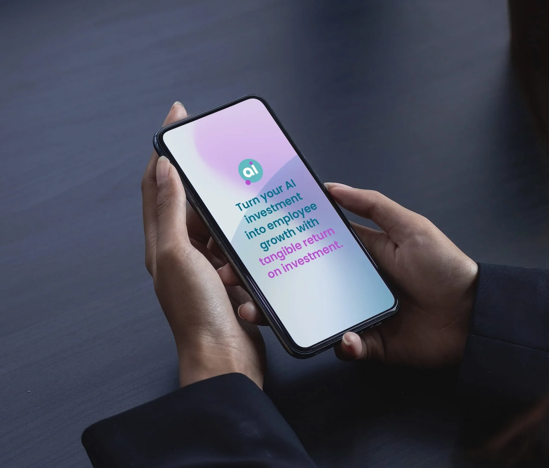 Close-up of a person holding a smartphone displaying a presentation slide about turning AI investments into employee growth and tangible return on investment.